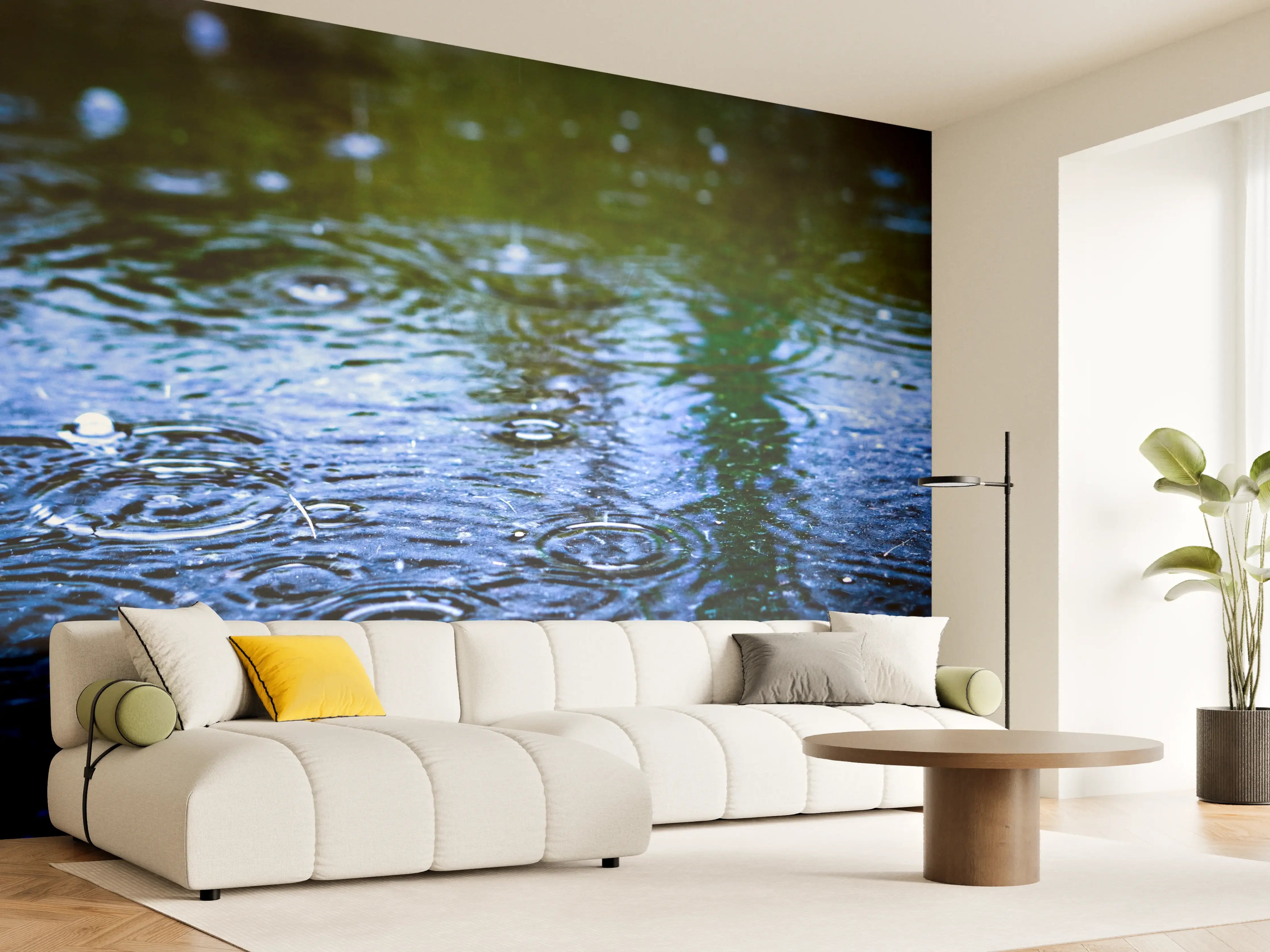 Wandverkleidung Wohnzimmer - Graue Tropfen auf weißer Wasserhaut