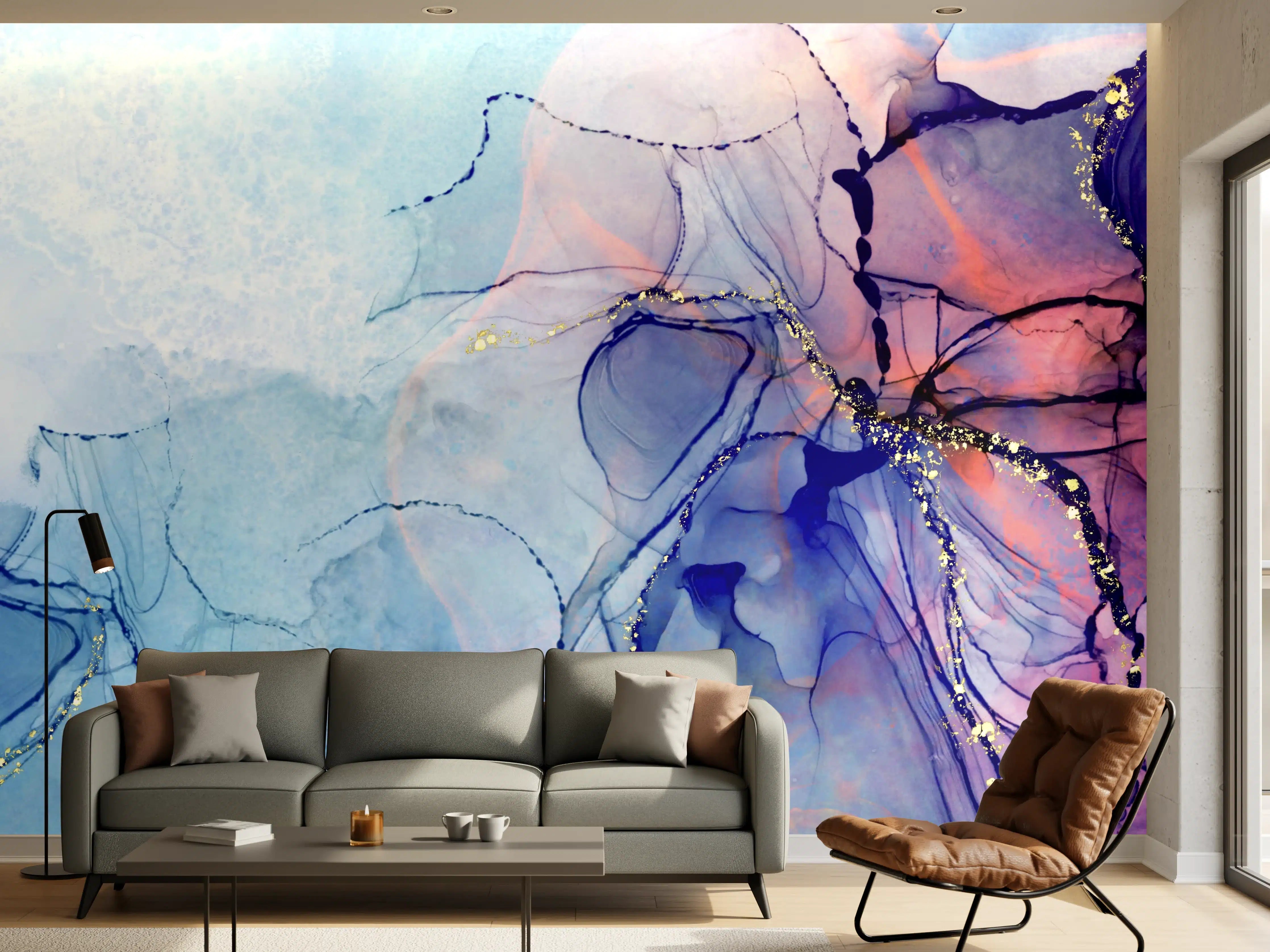 Wandverkleidung Wohnzimmer - Graue Wasserfarbenkunst mit Goldakzenten