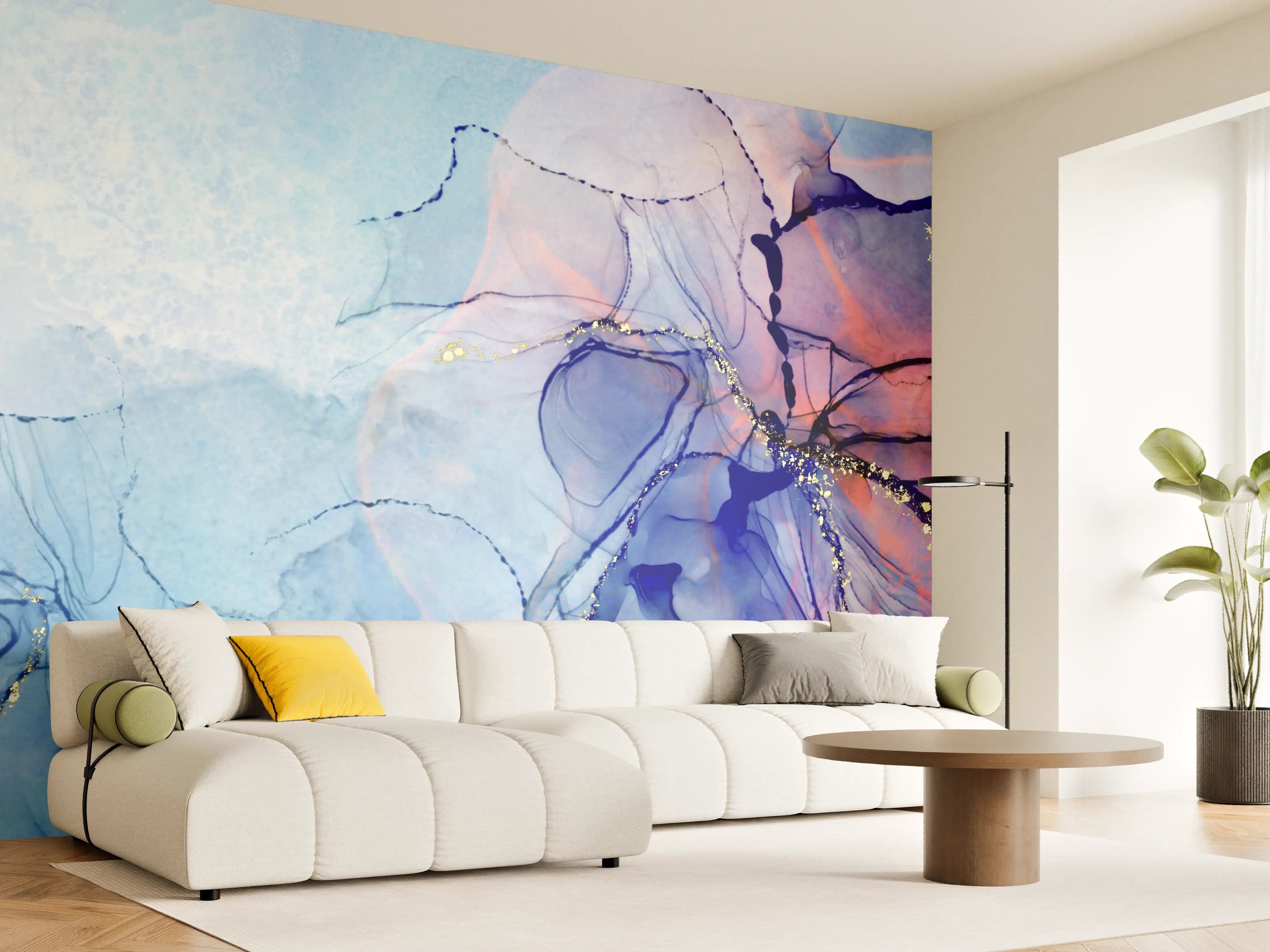 Wandverkleidung Wohnzimmer - Graue Wasserfarbenkunst mit Goldakzenten