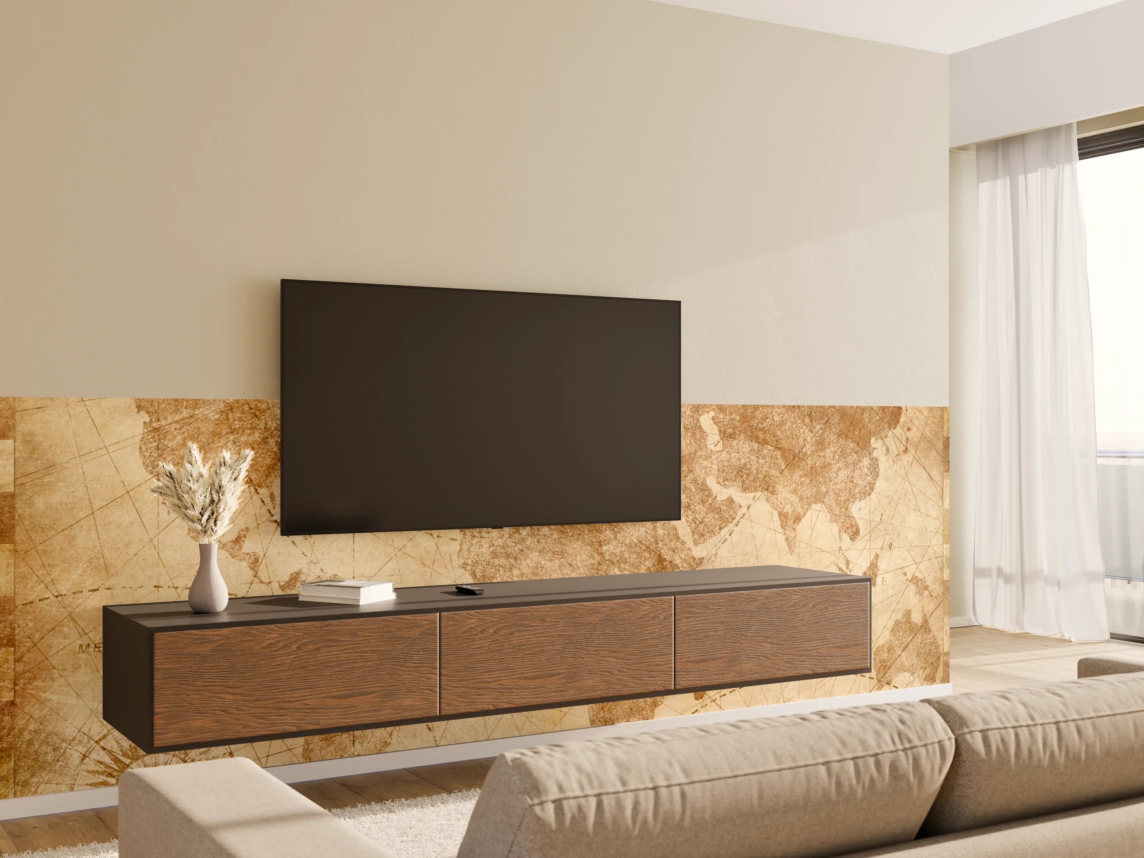 Wandverkleidung Wohnzimmer - Graue Weltkarte im Retro-Design