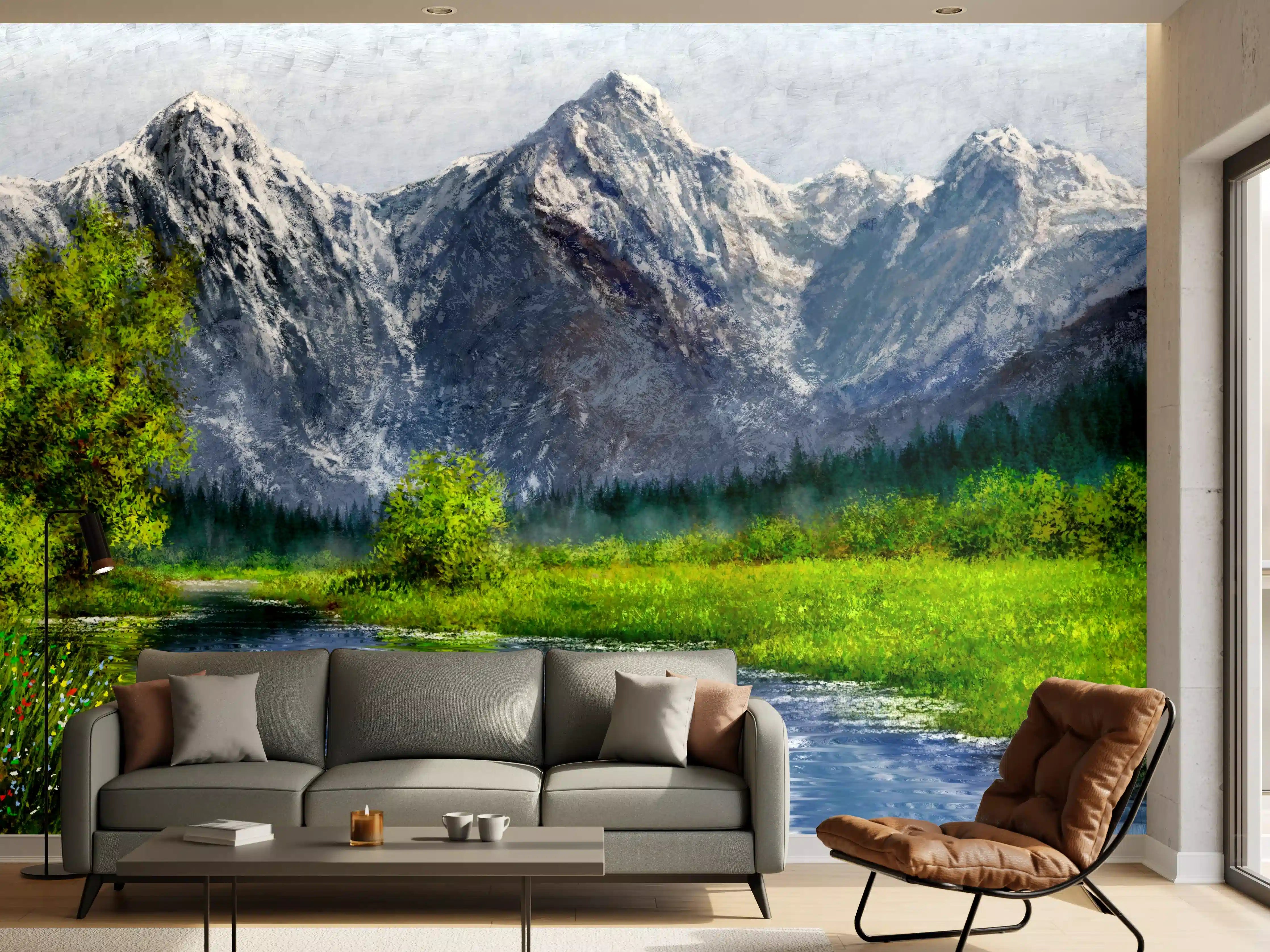 Wandverkleidung Wohnzimmer - Graue Wolken über weißen Berggipfeln