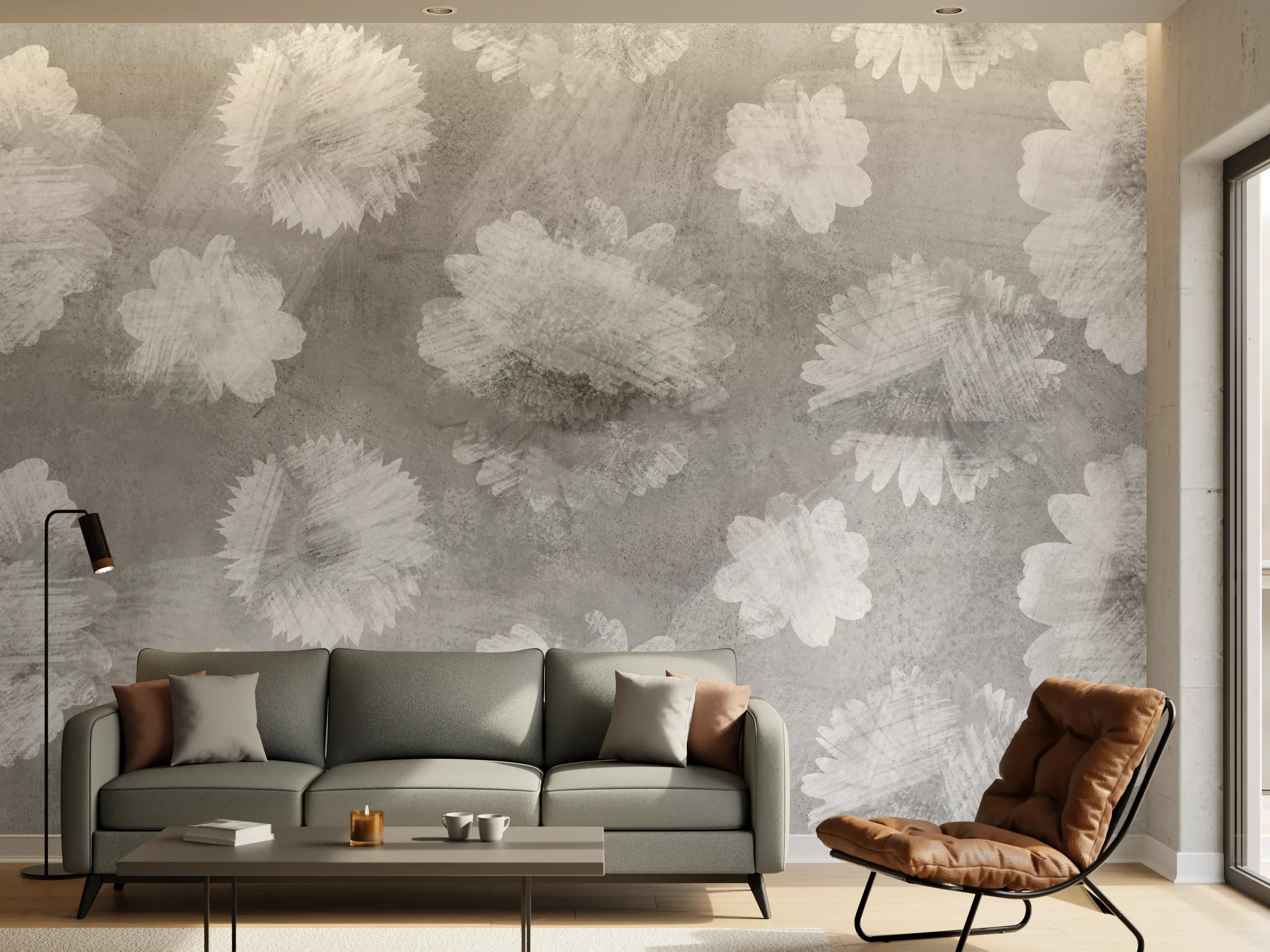 Wandverkleidung Wohnzimmer - Graue Zement Wand mit weißem Blumenmuster
