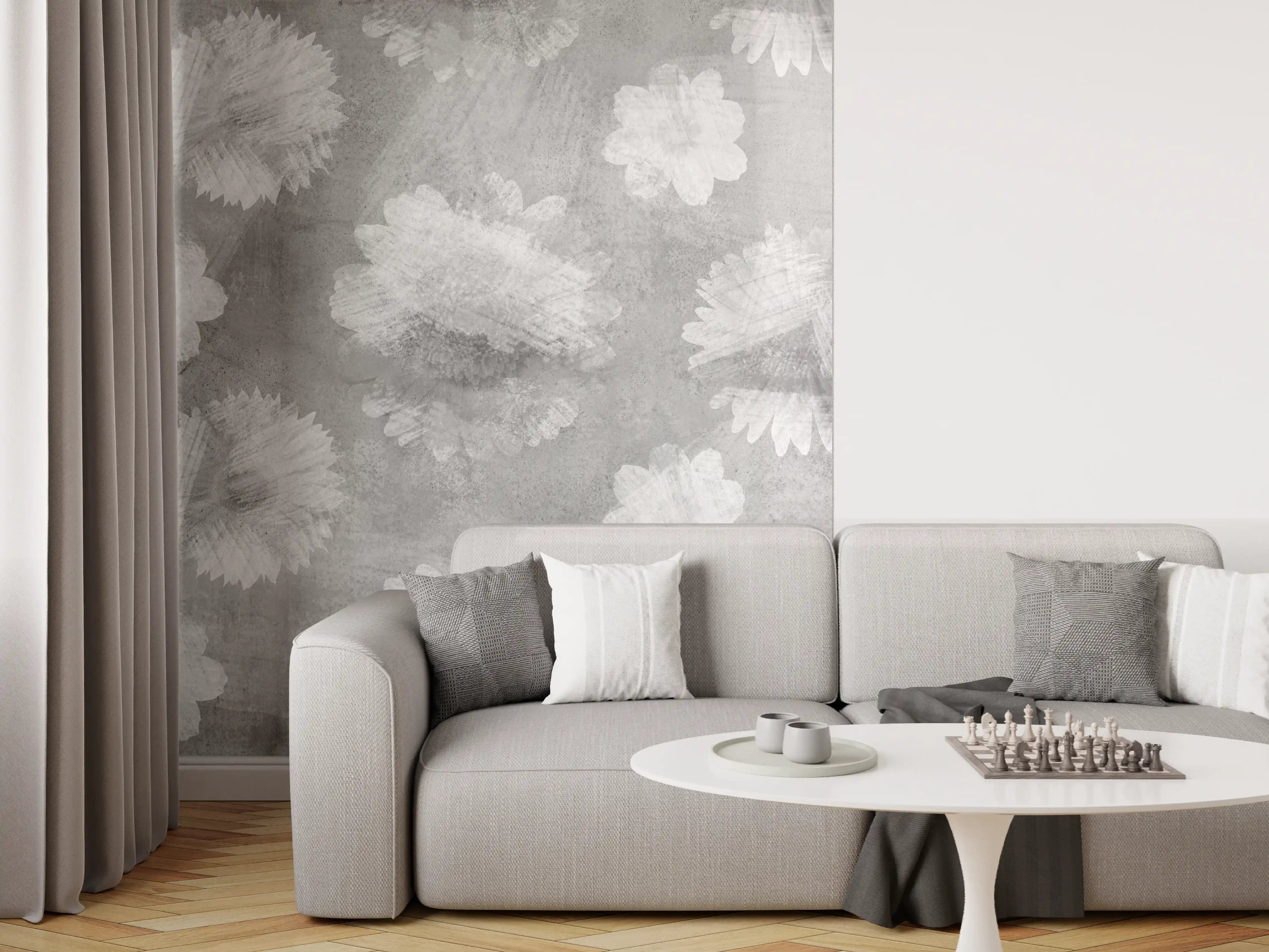 Wandverkleidung Wohnzimmer - Graue Zement Wand mit weißem Blumenmuster