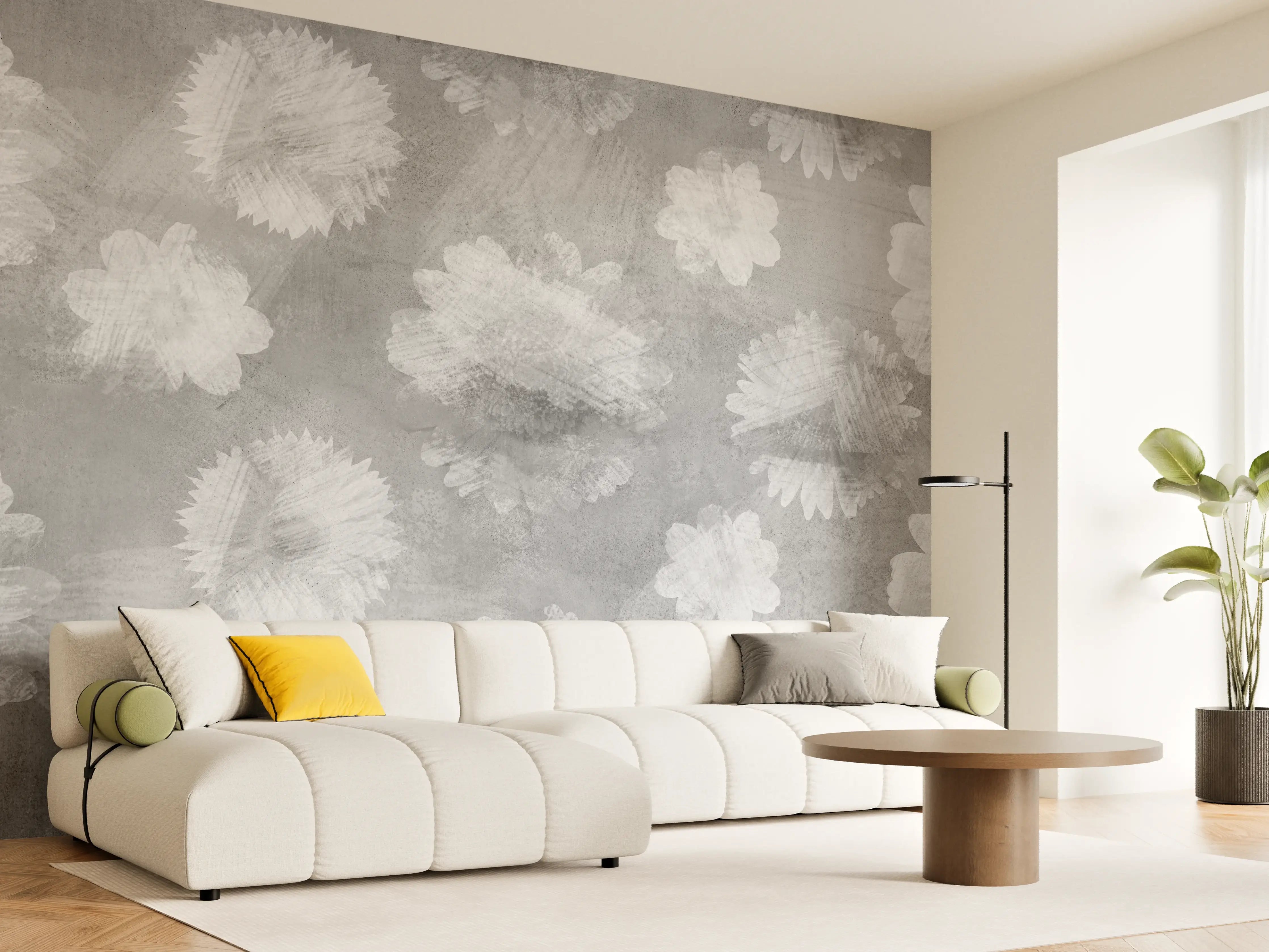Wandverkleidung Wohnzimmer - Graue Zement Wand mit weißem Blumenmuster