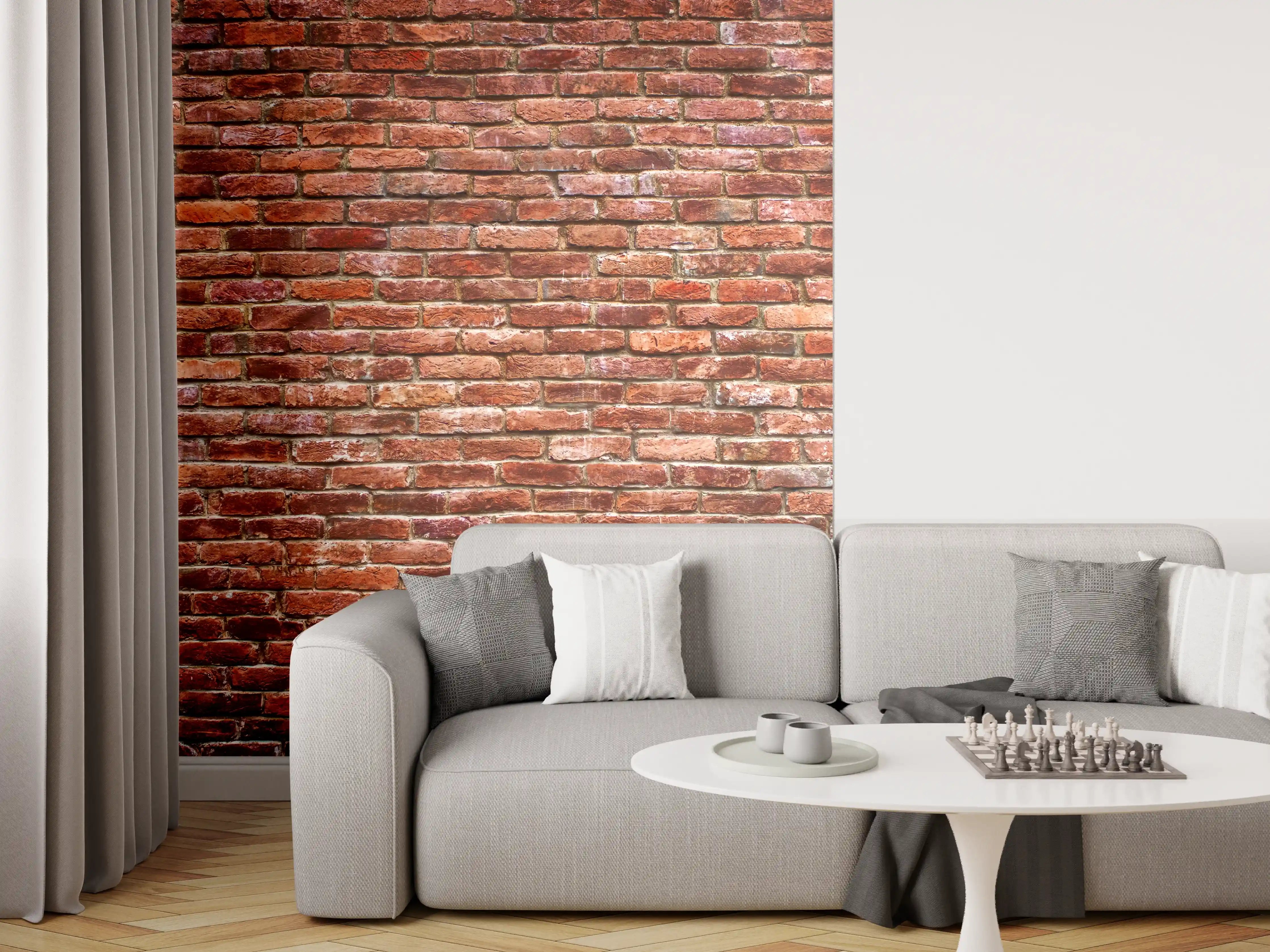 Wandverkleidung Wohnzimmer - Graue Ziegelwand im weißen Licht