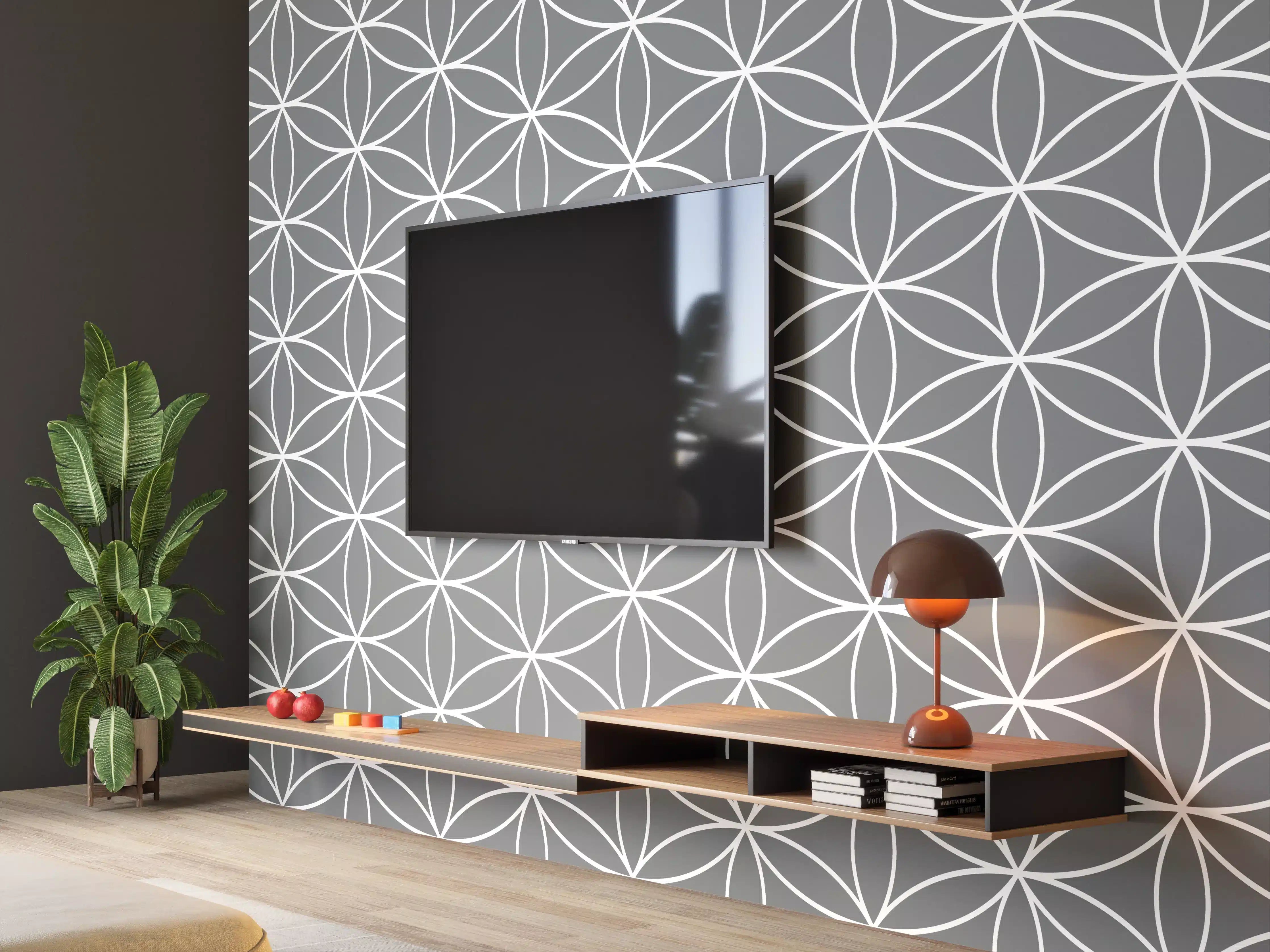 Wandverkleidung Wohnzimmer - Graue geometrische Motive auf weißem Hintergrund