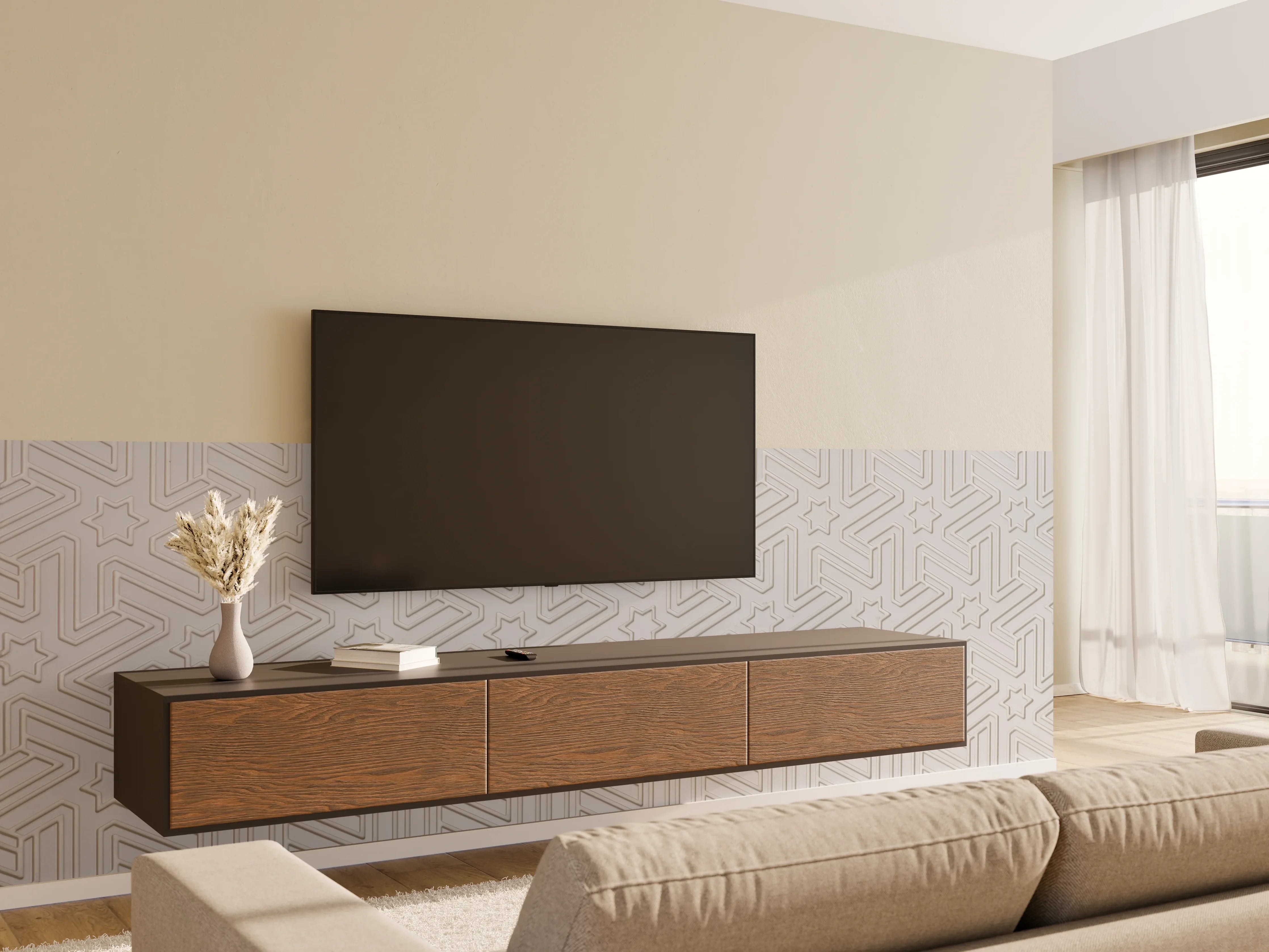 Wandverkleidung Wohnzimmer - Graue geometrische Musterwandgestaltung