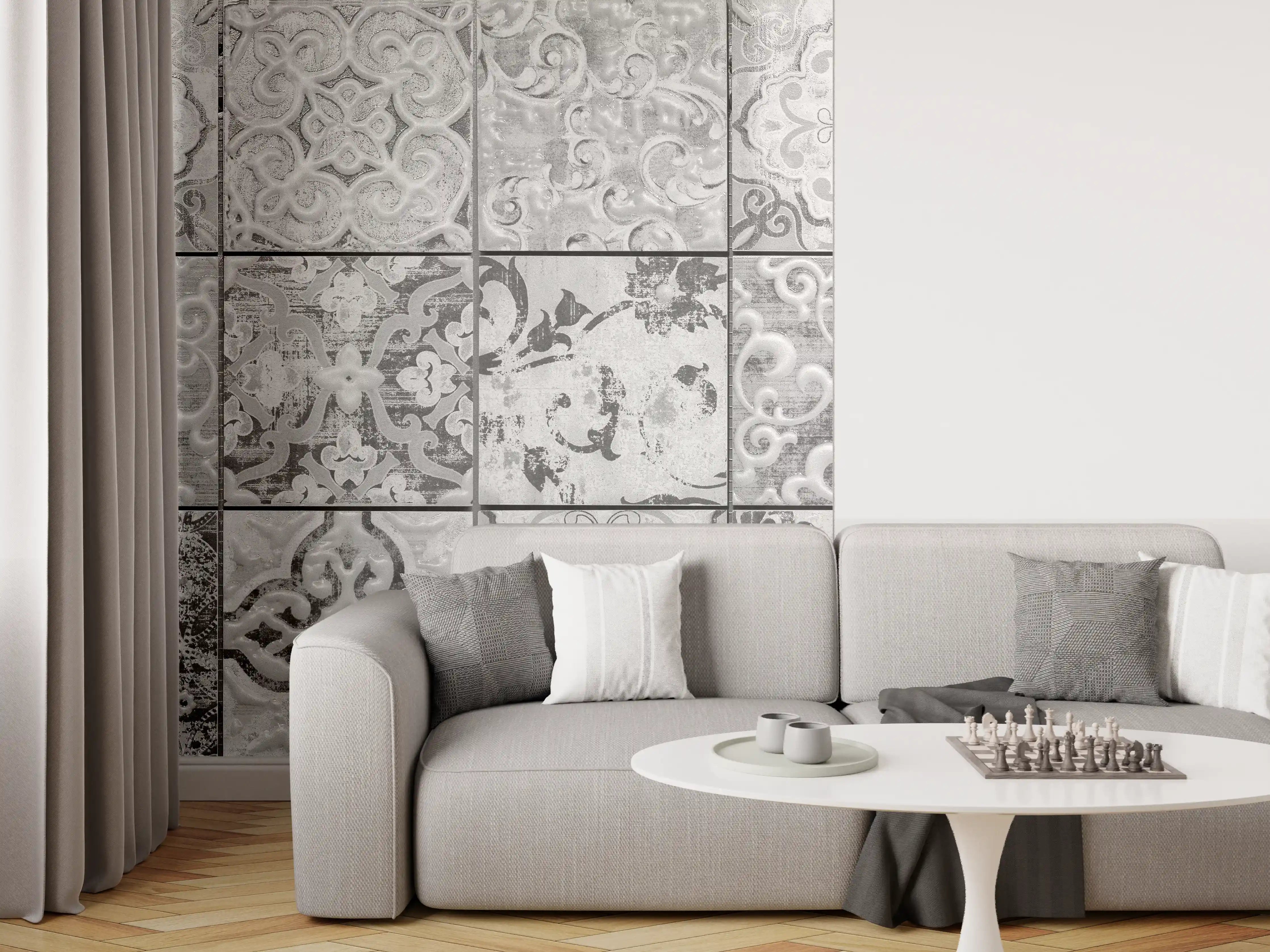 Wandverkleidung Wohnzimmer - Graue rechteckige Vintage Zementwand