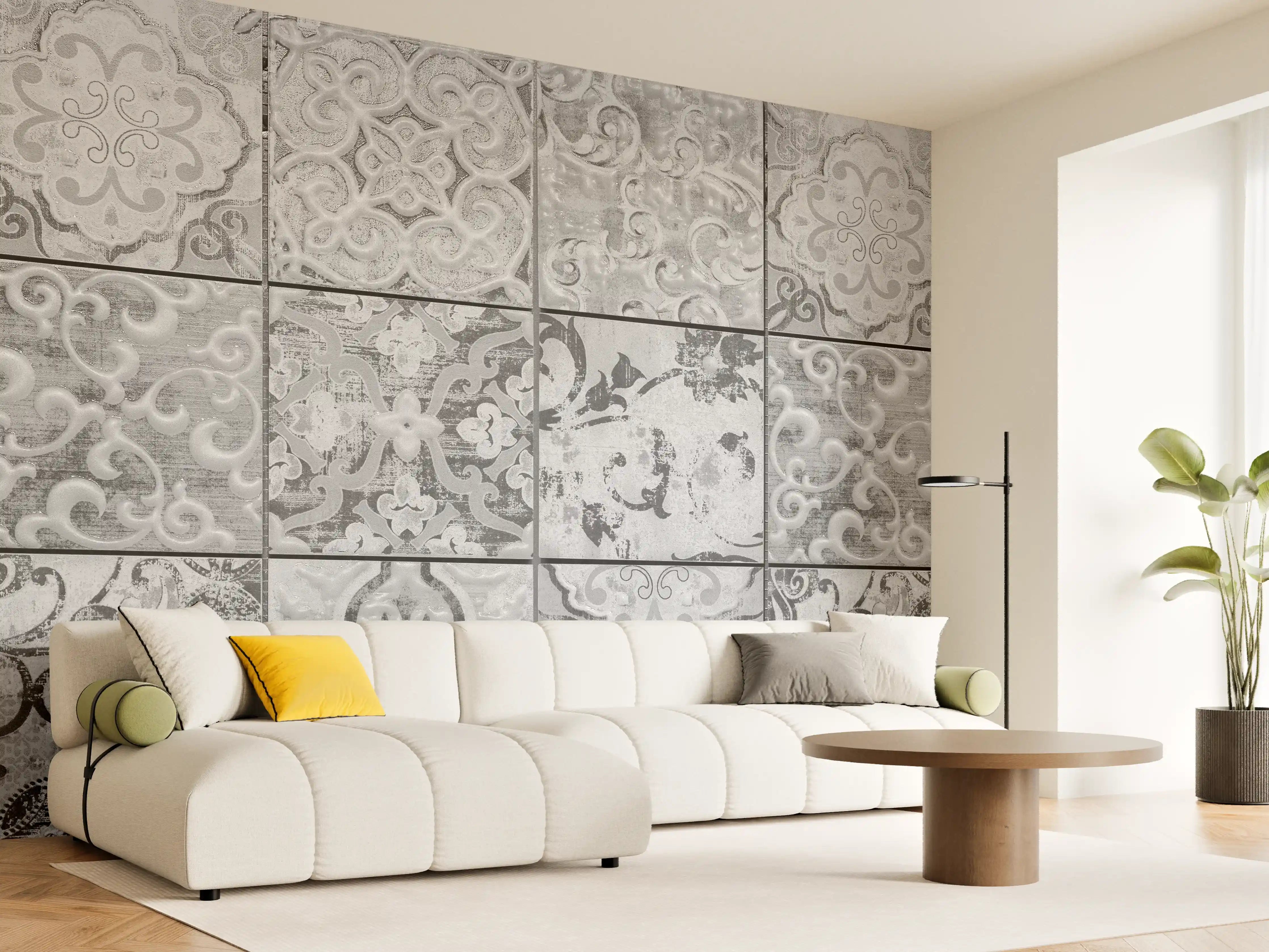Wandverkleidung Wohnzimmer - Graue rechteckige Vintage Zementwand