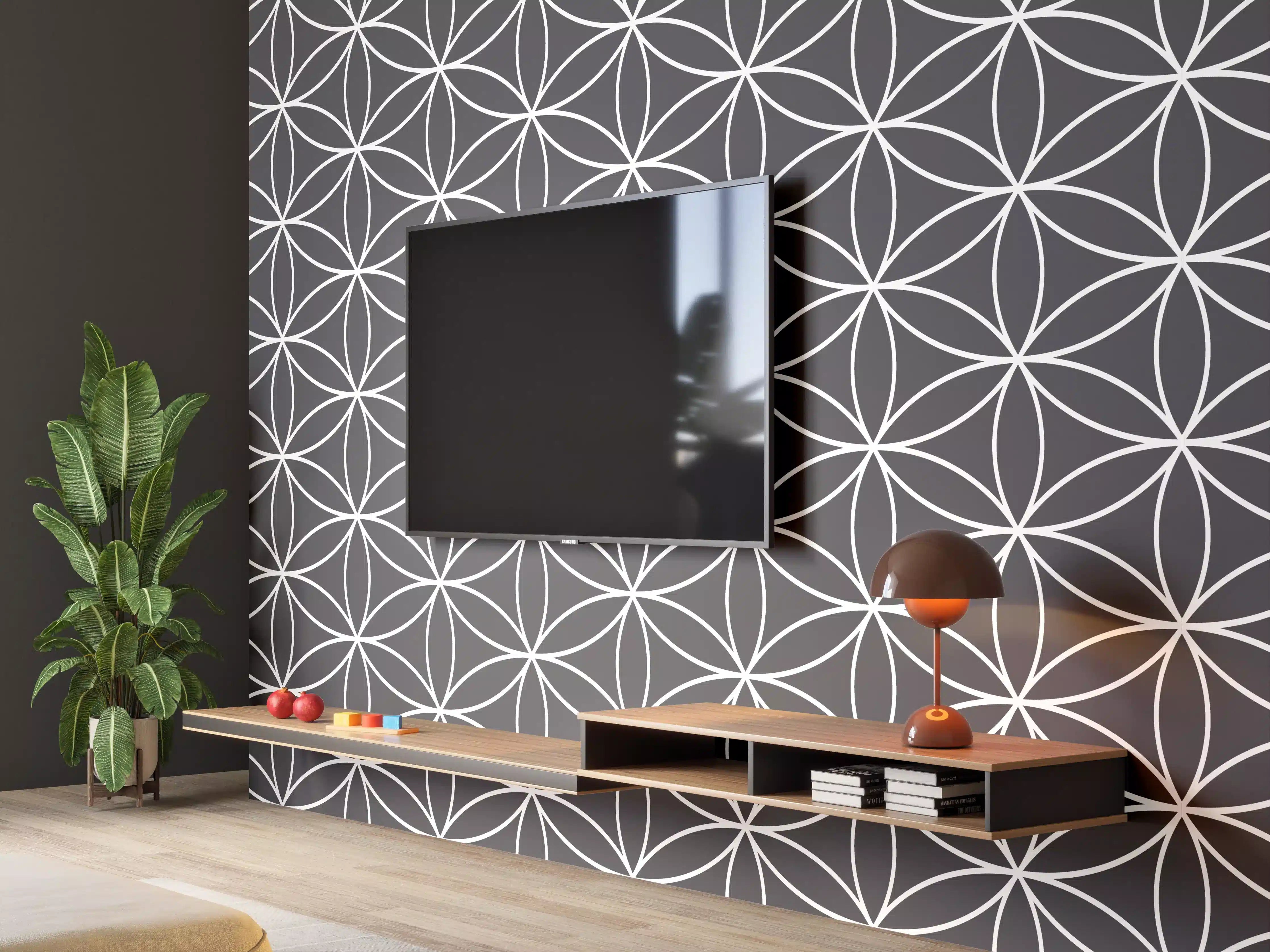 Wandverkleidung Wohnzimmer - Graue und weiße geometrische Designs