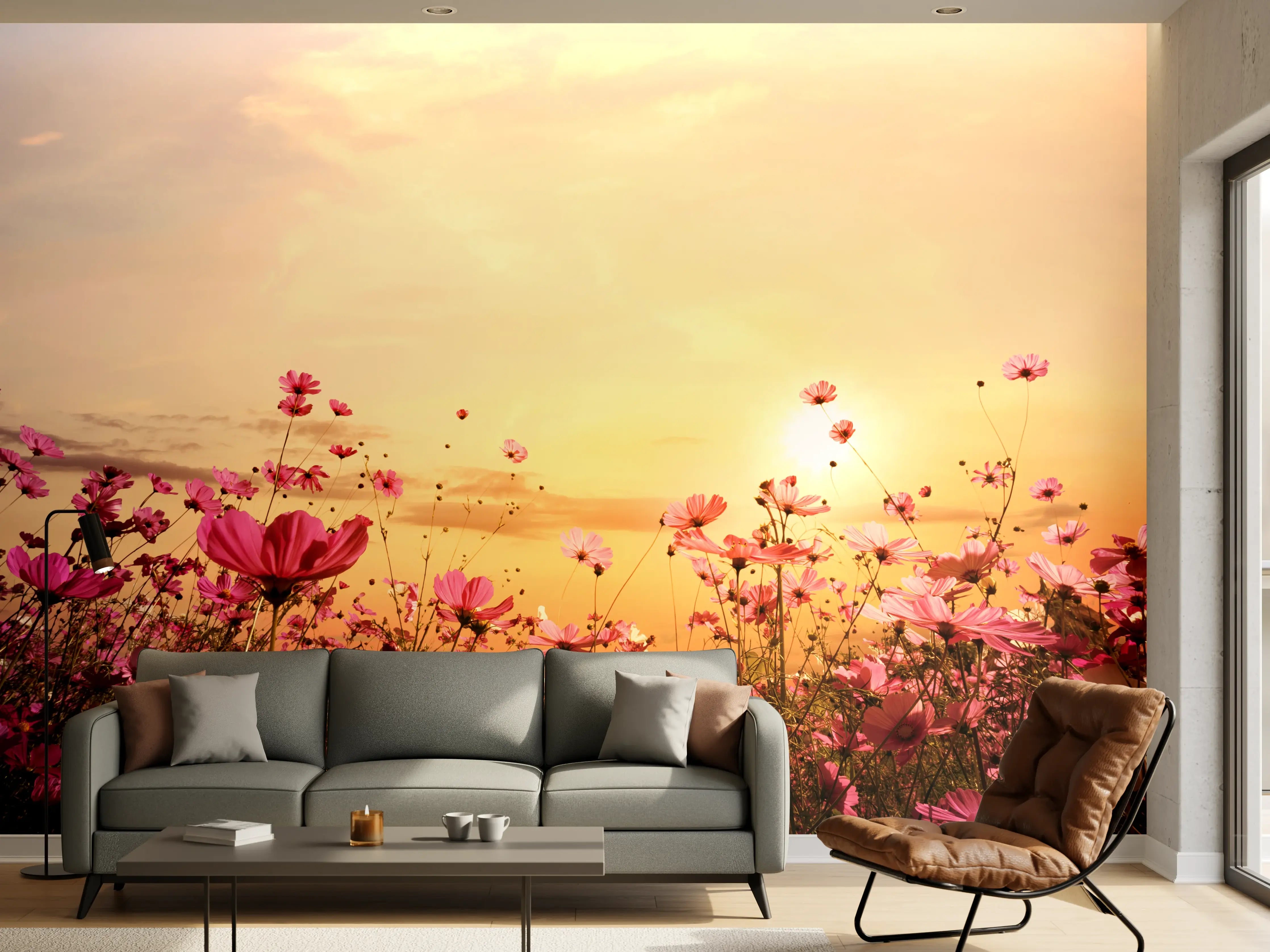 Wandverkleidung Wohnzimmer - Grauer Himmel über blühender Wiese