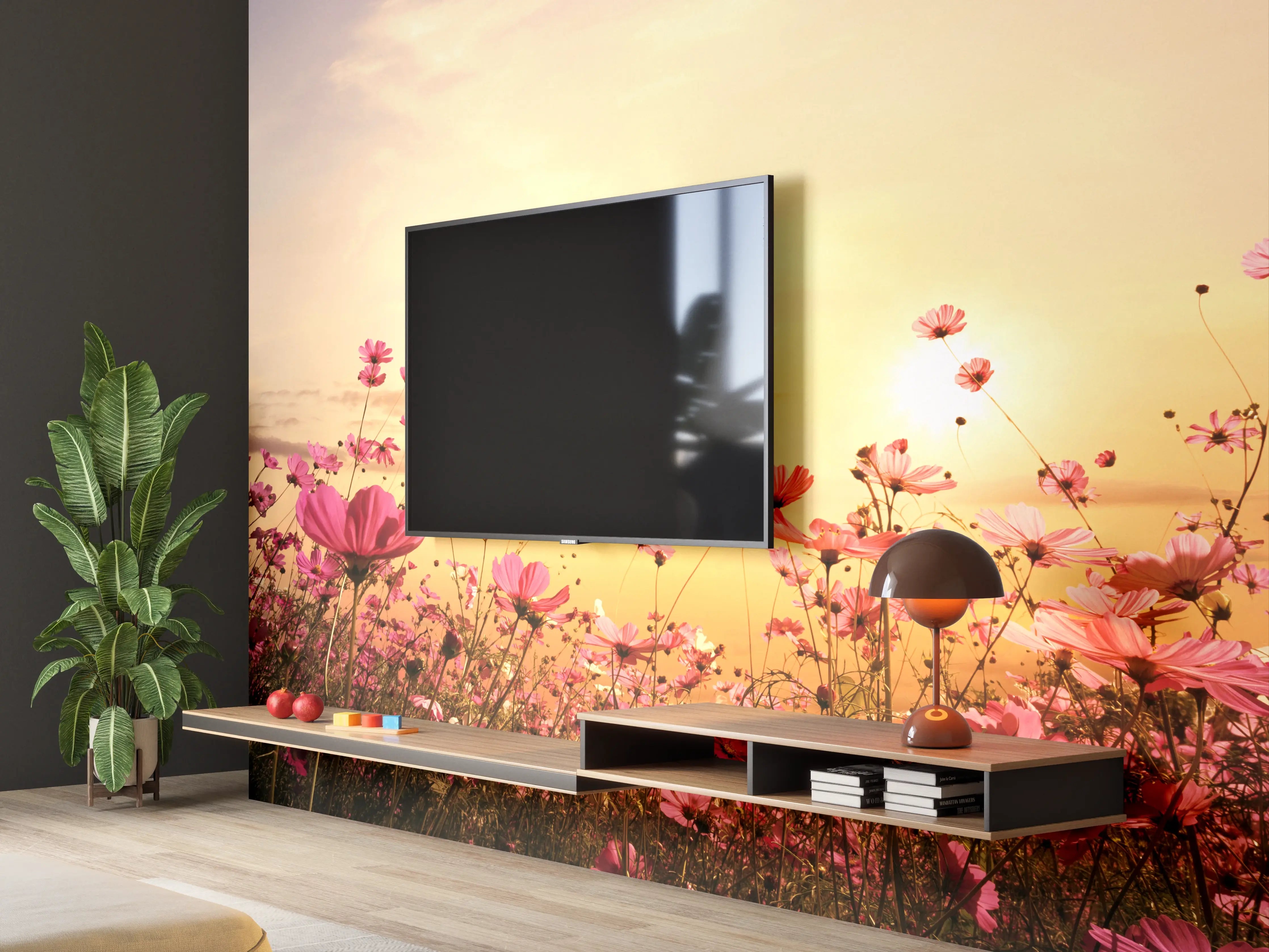 Wandverkleidung Wohnzimmer - Grauer Himmel über blühender Wiese
