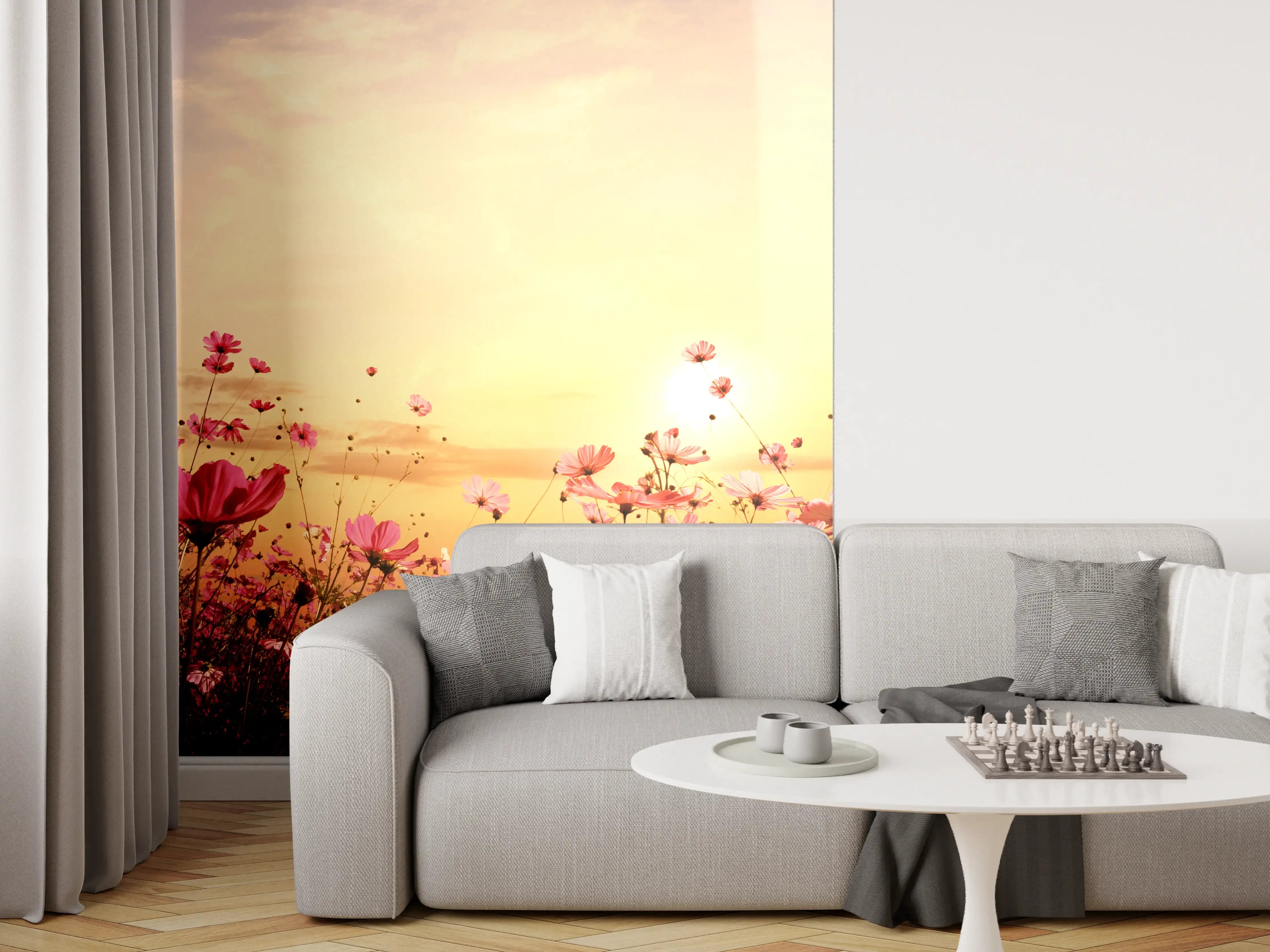 Wandverkleidung Wohnzimmer - Grauer Himmel über blühender Wiese