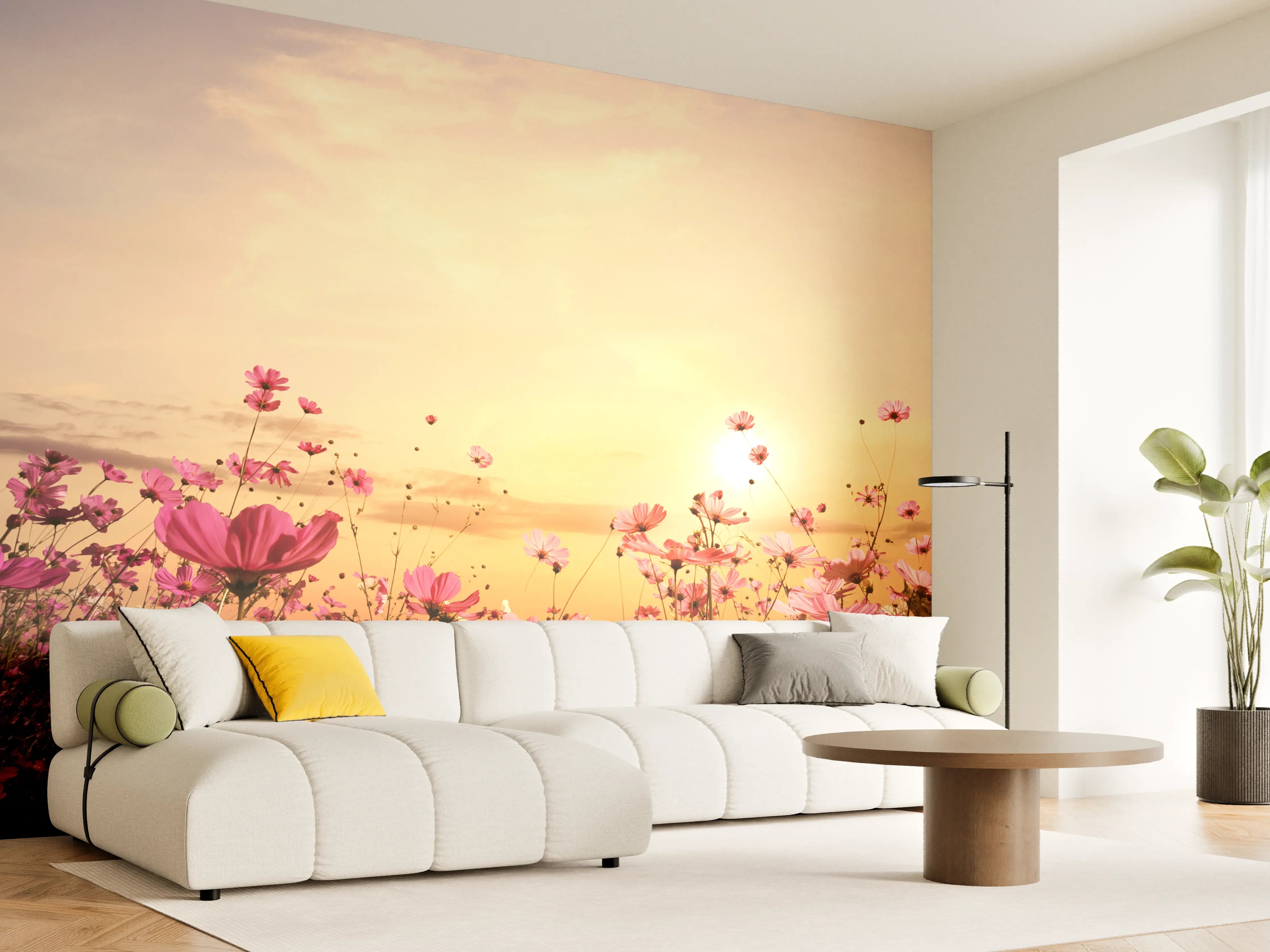 Wandverkleidung Wohnzimmer - Grauer Himmel über blühender Wiese