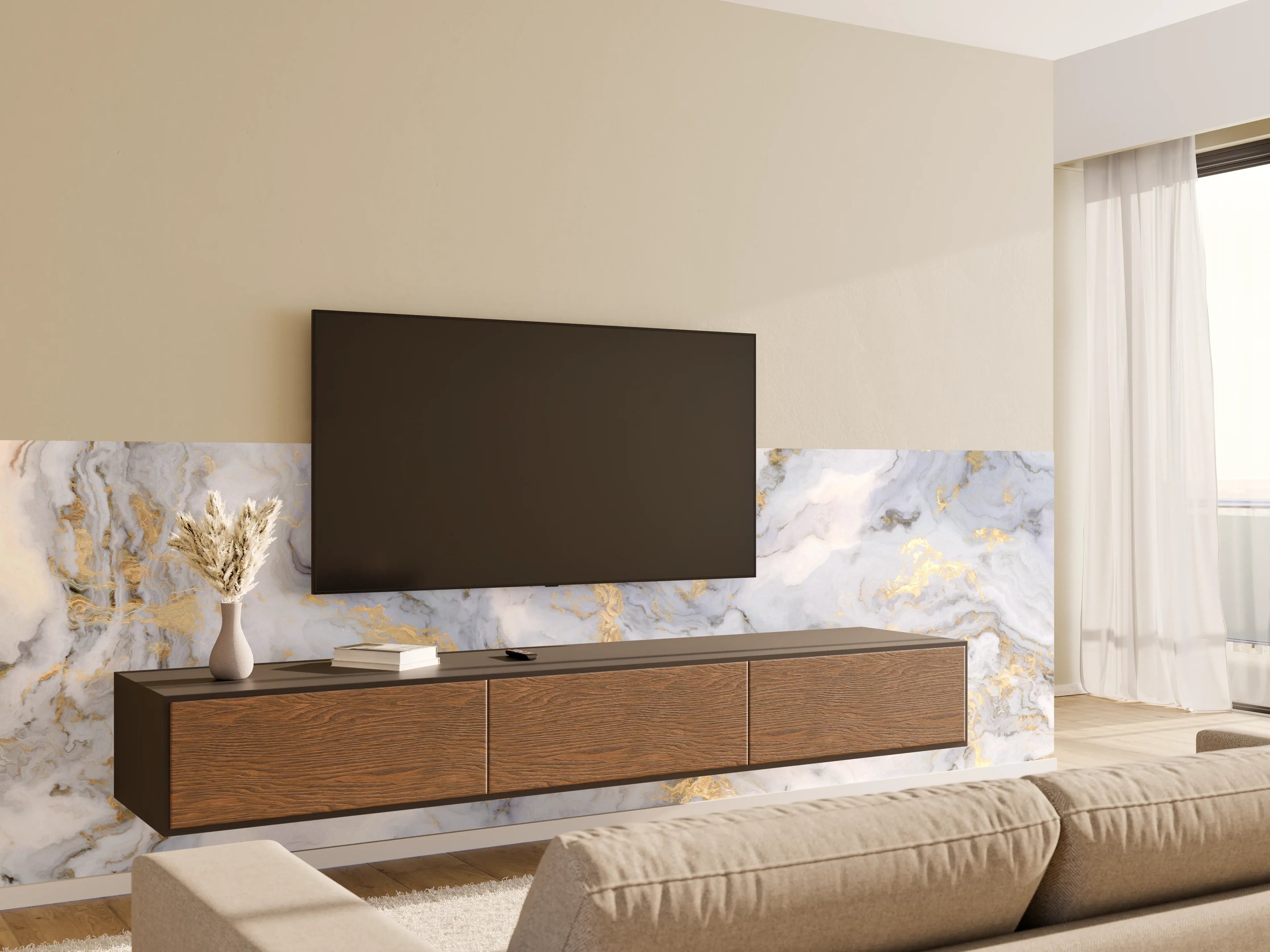 Wandverkleidung Wohnzimmer - Grauer Marmor mit Goldakzenten