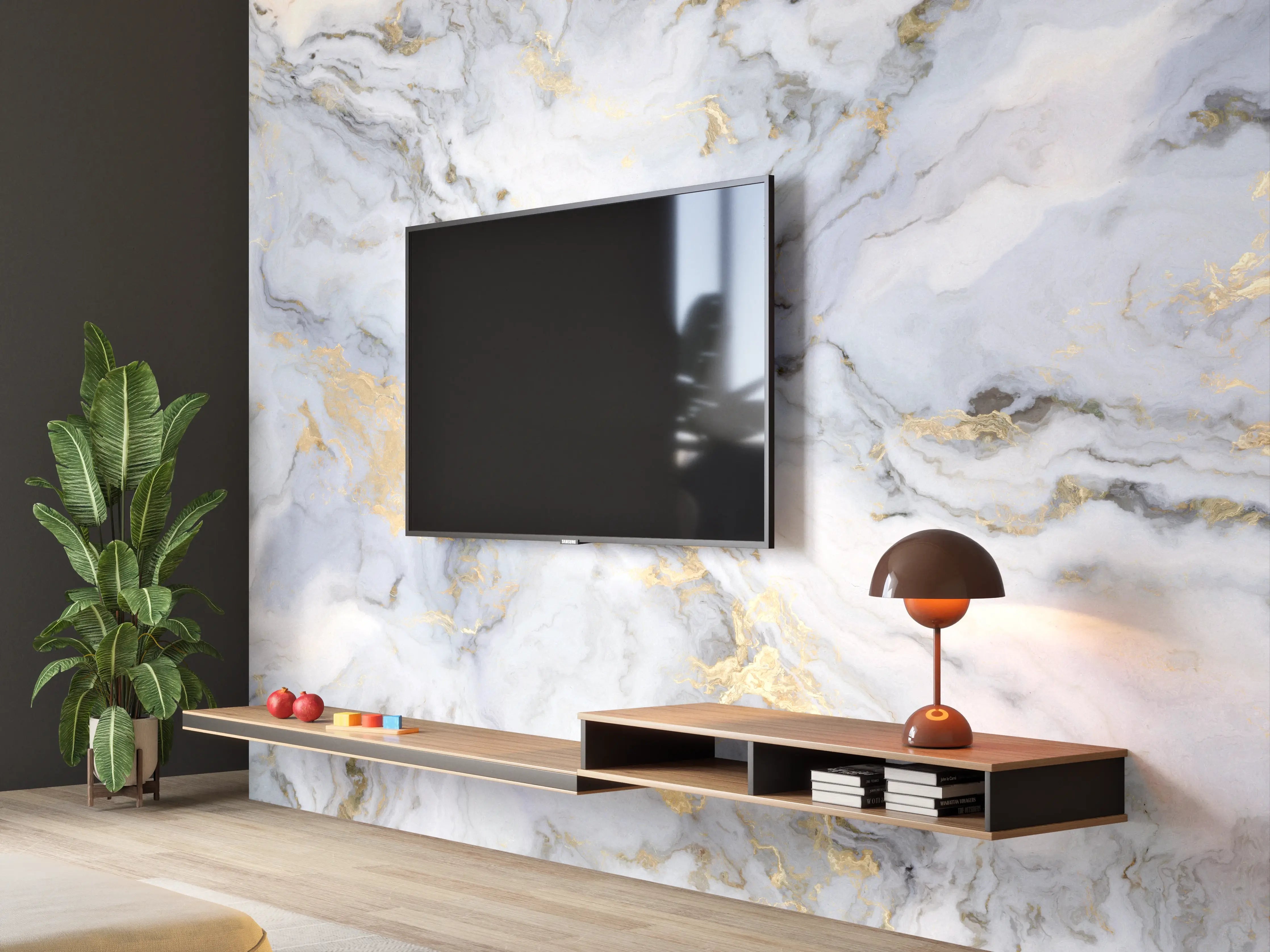 Wandverkleidung Wohnzimmer - Grauer Marmor mit Goldakzenten