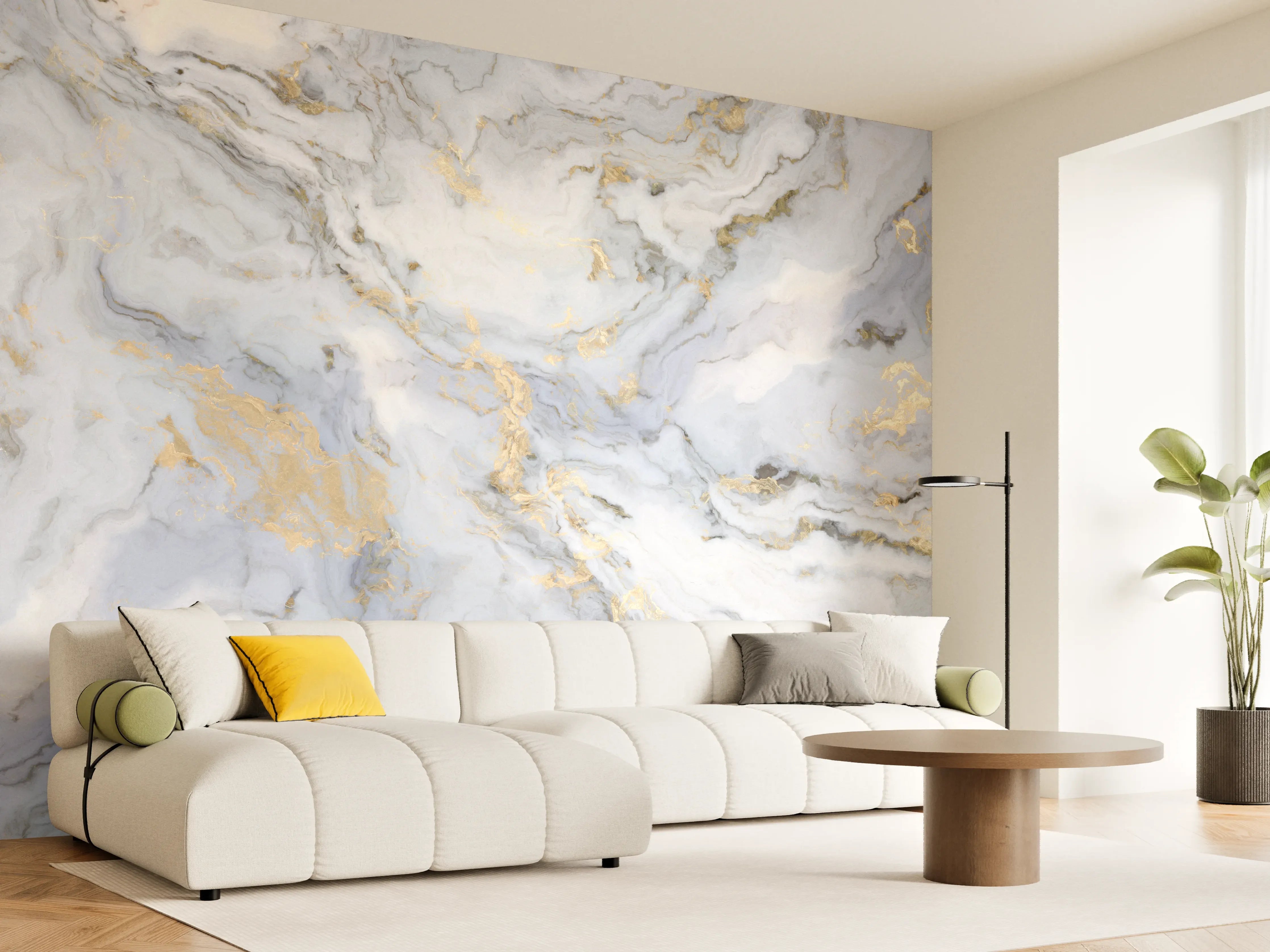 Wandverkleidung Wohnzimmer - Grauer Marmor mit Goldakzenten