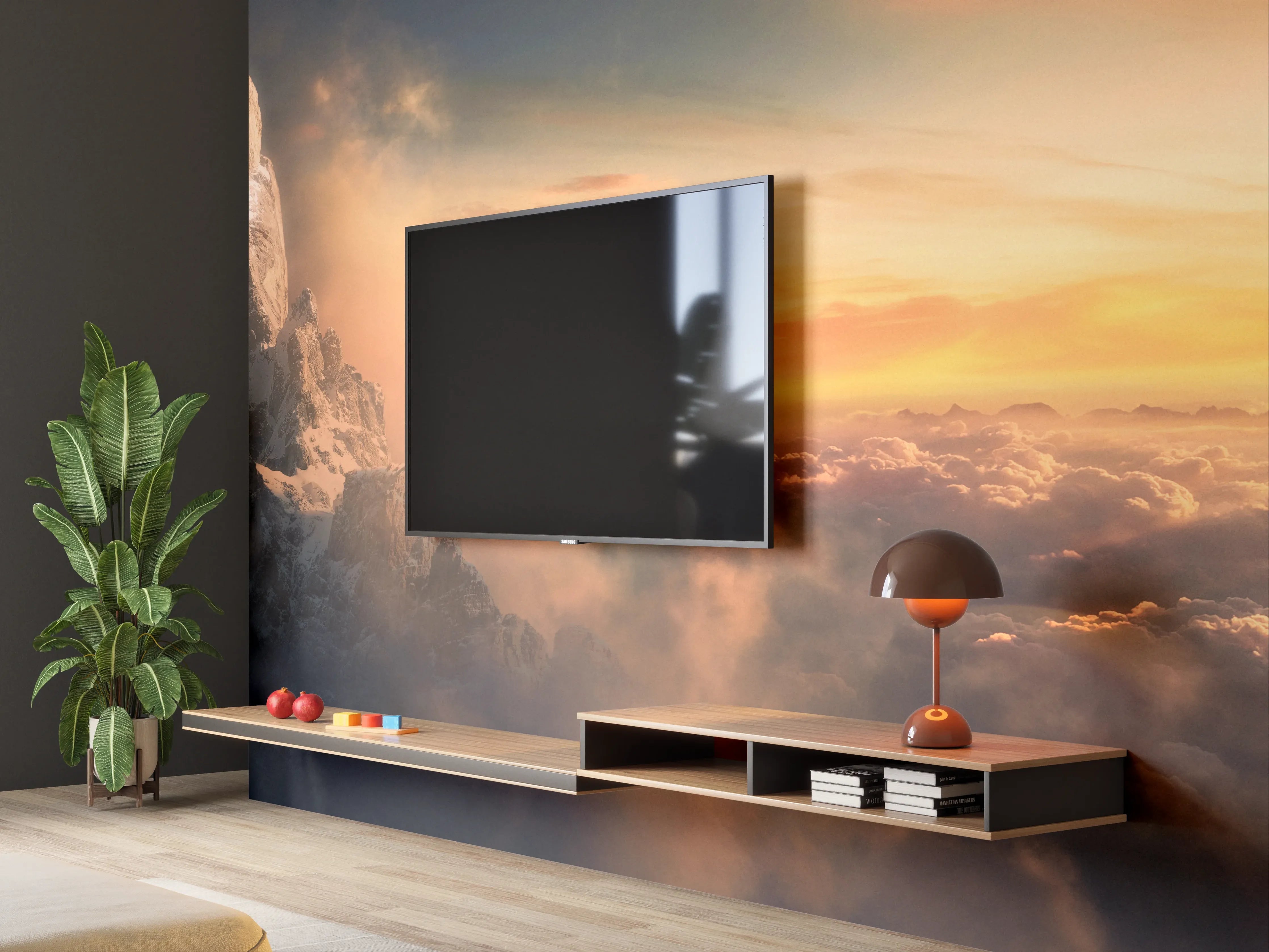 Wandverkleidung Wohnzimmer - Grauer Morgengipfel im goldenen Licht