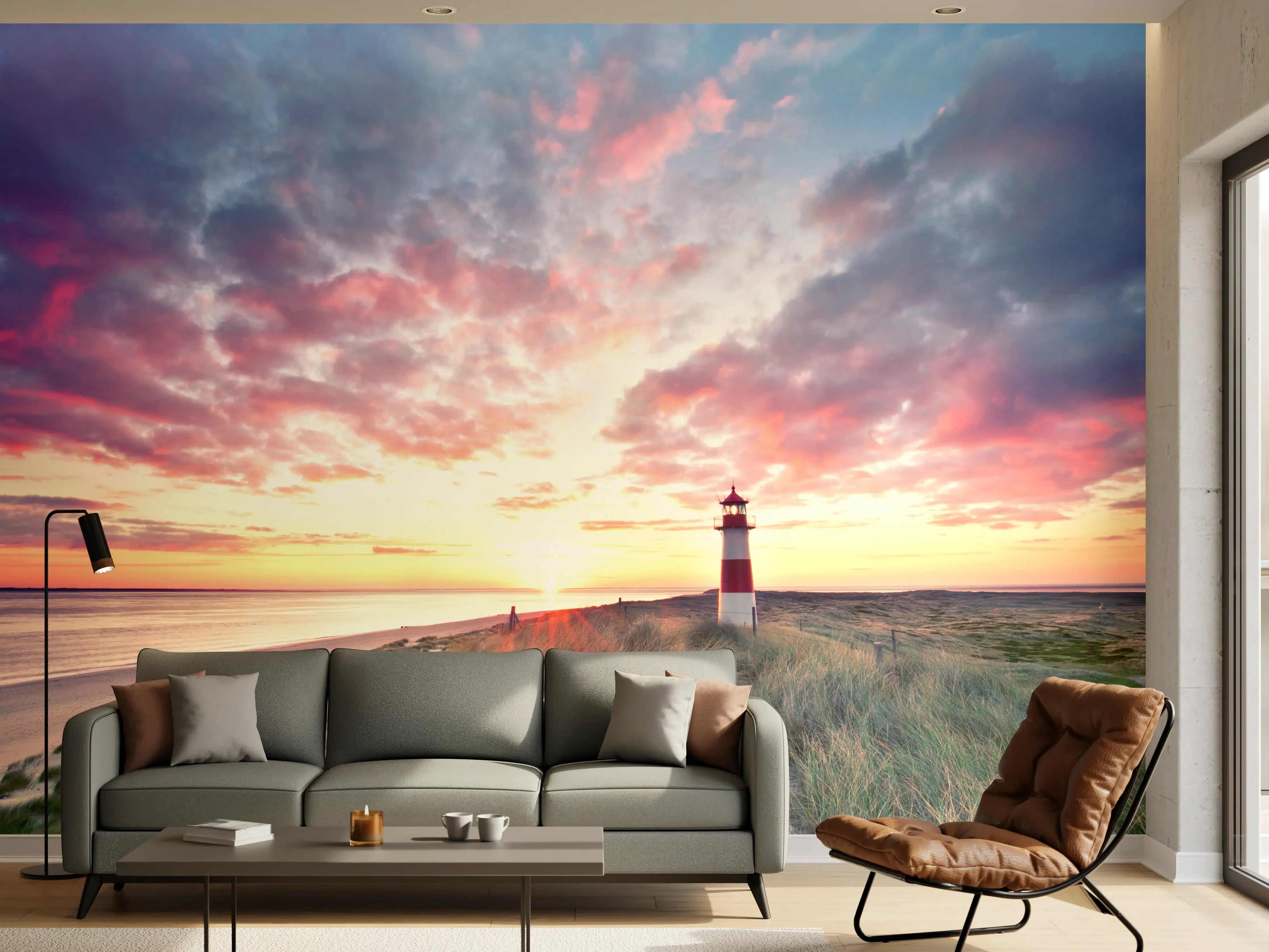 Wandverkleidung Wohnzimmer - Grauer Sonnenuntergang am Leuchtturm