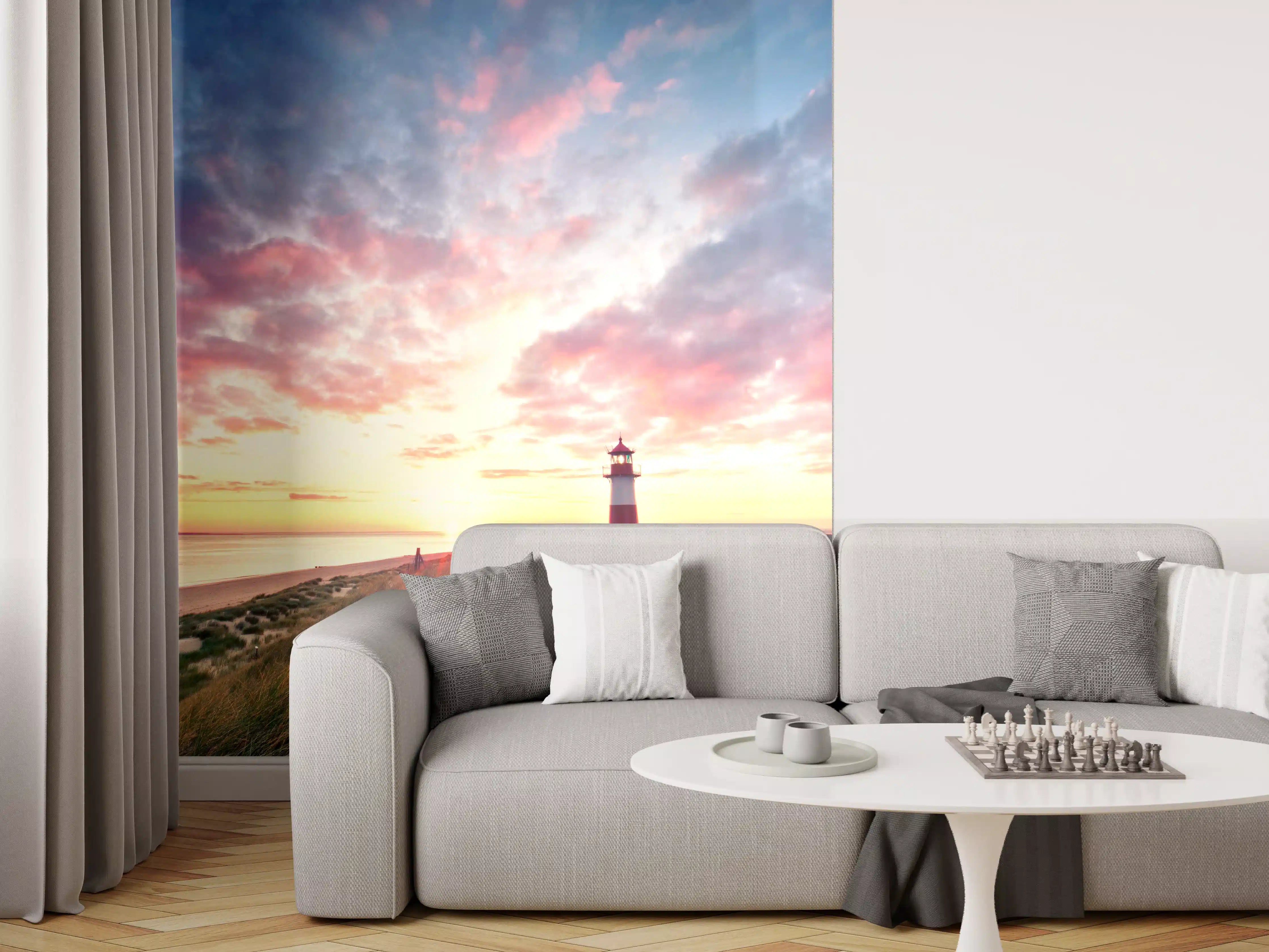 Wandverkleidung Wohnzimmer - Grauer Sonnenuntergang am Leuchtturm