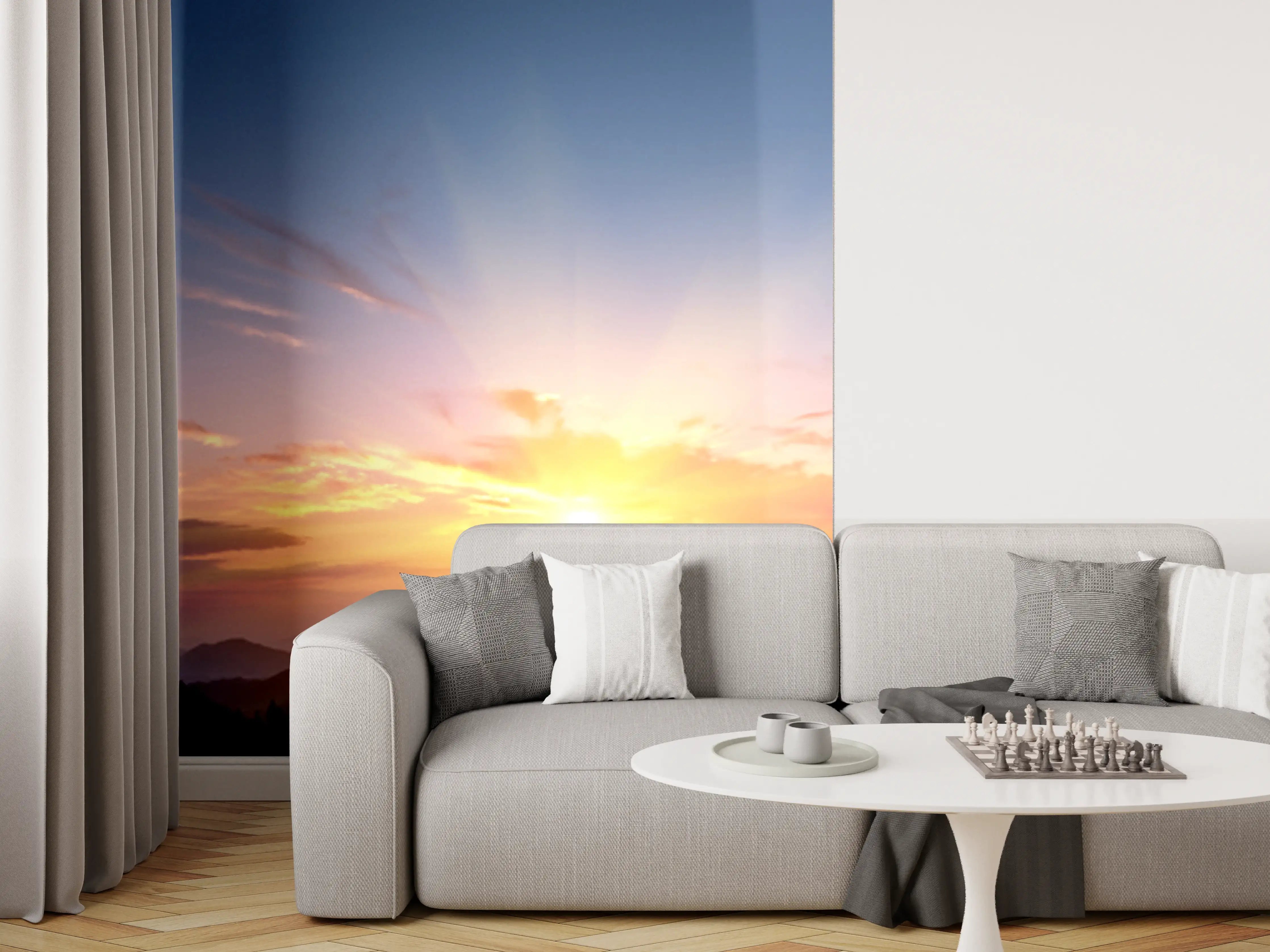 Wandverkleidung Wohnzimmer - Grauer Sonnenuntergang über den Bergen