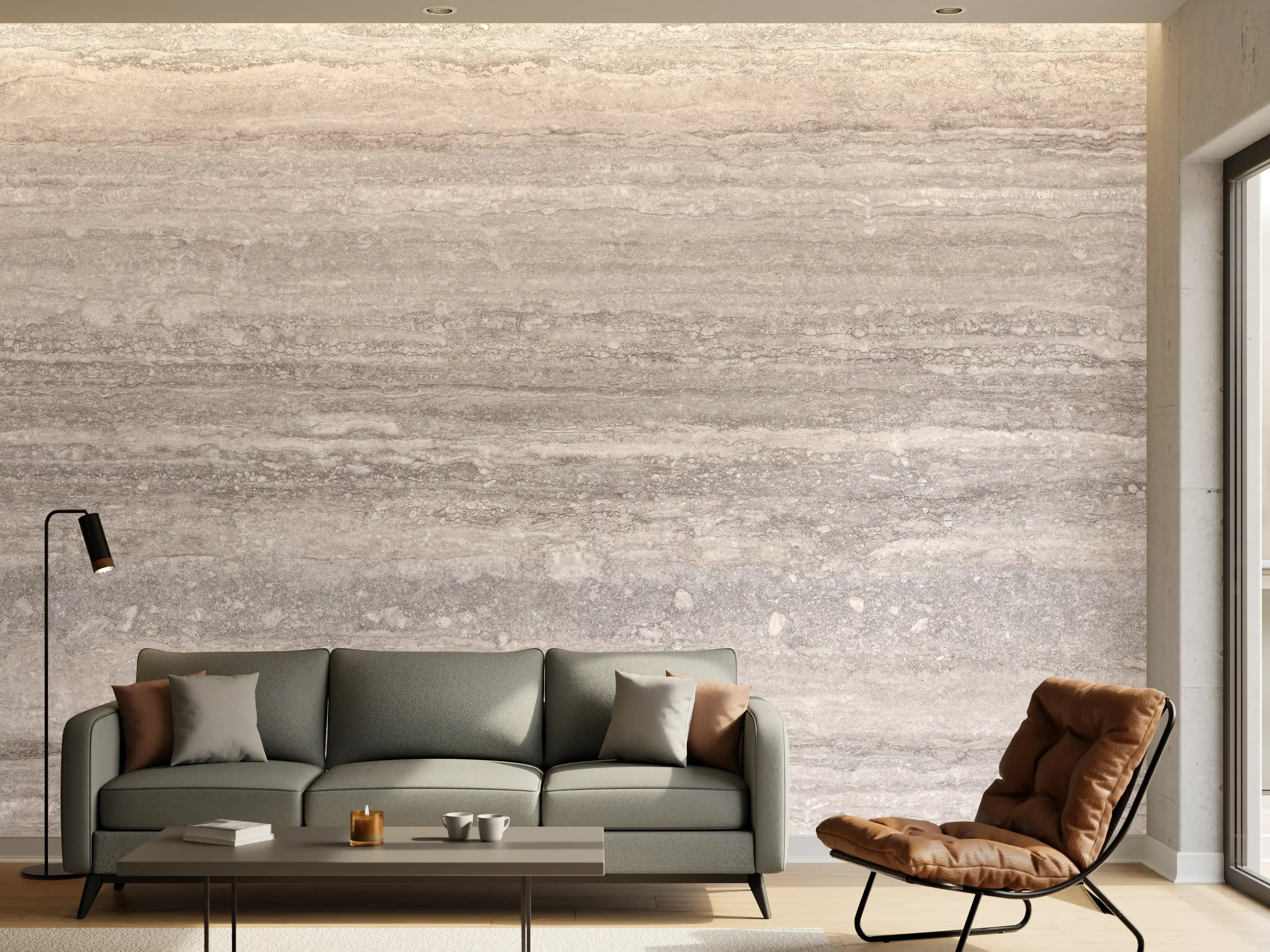 Wandverkleidung Wohnzimmer - Grauer Travertin Stein