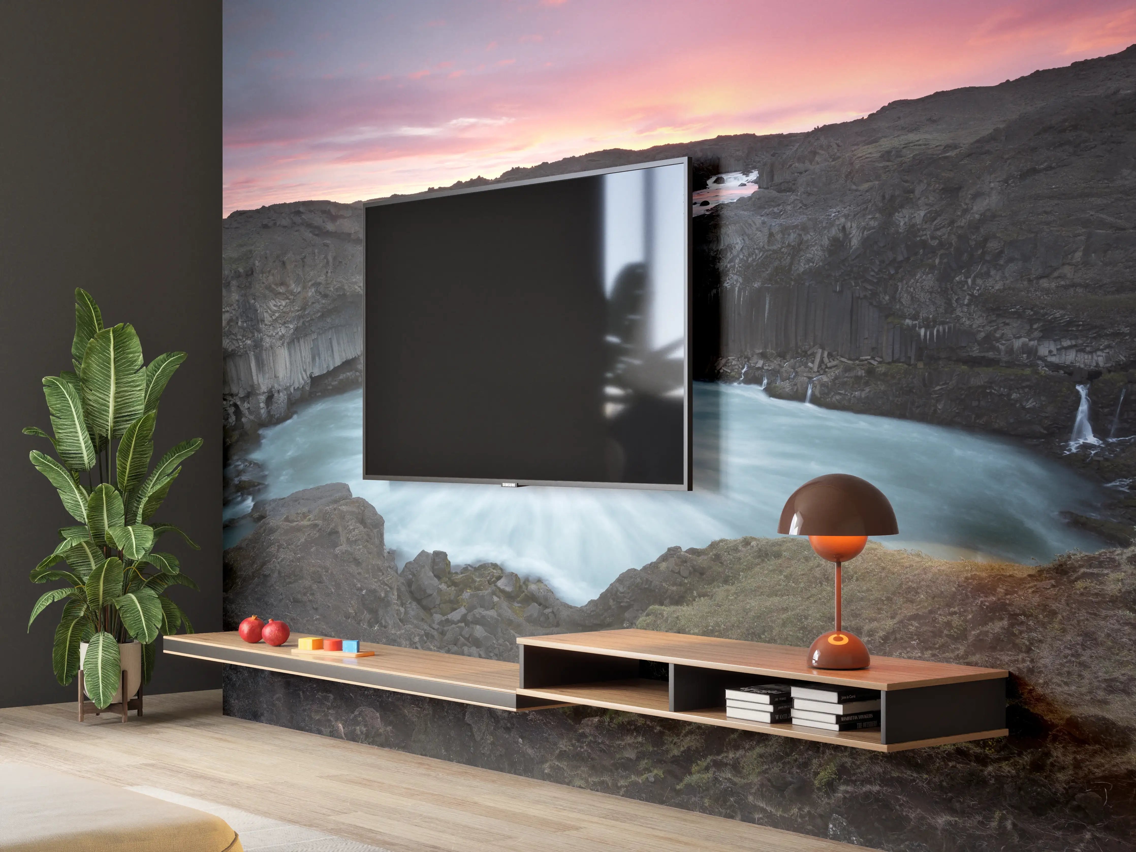 Wandverkleidung Wohnzimmer - Grauer Wasserfall im Abendlicht