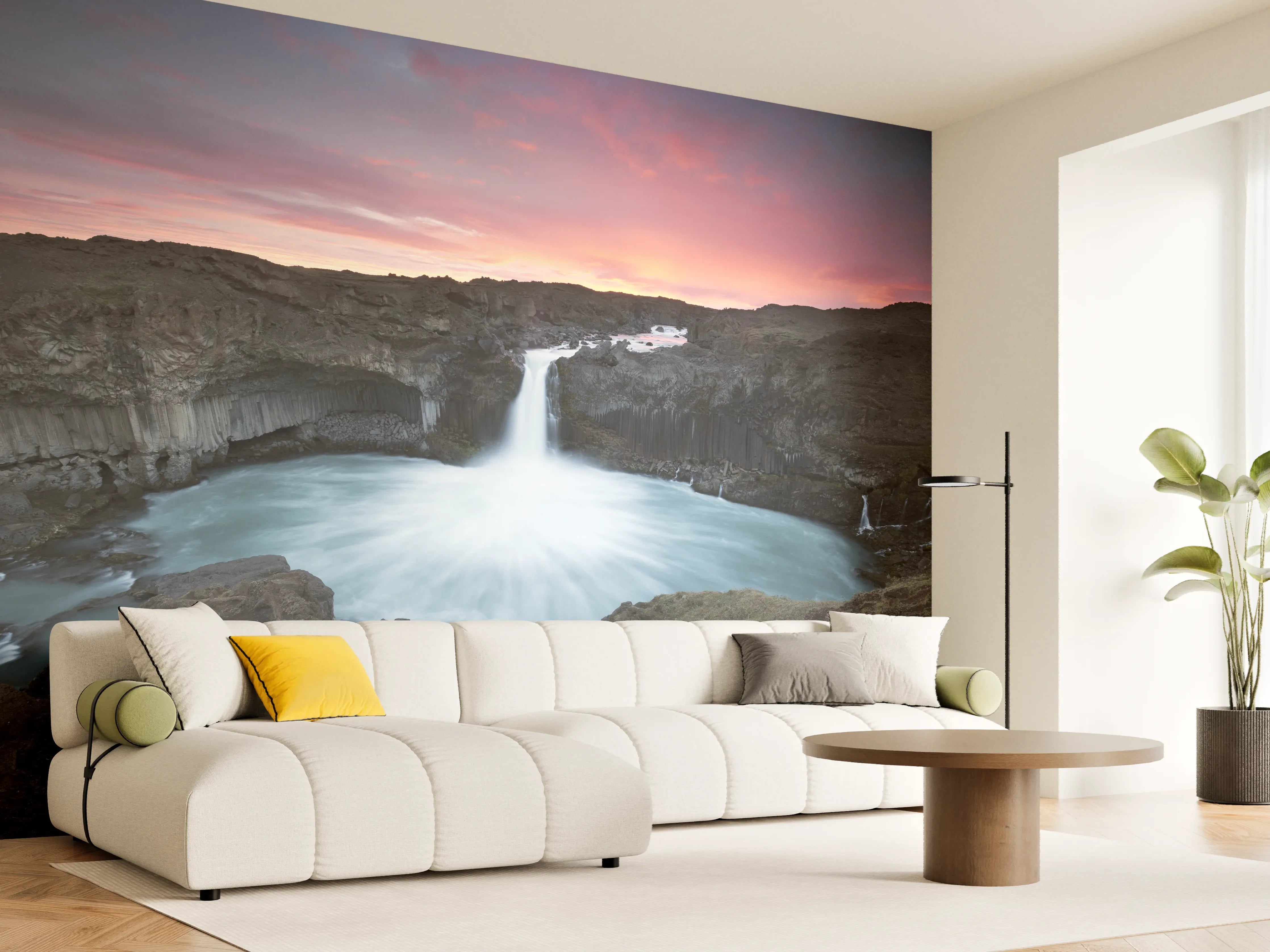 Wandverkleidung Wohnzimmer - Grauer Wasserfall im Abendlicht
