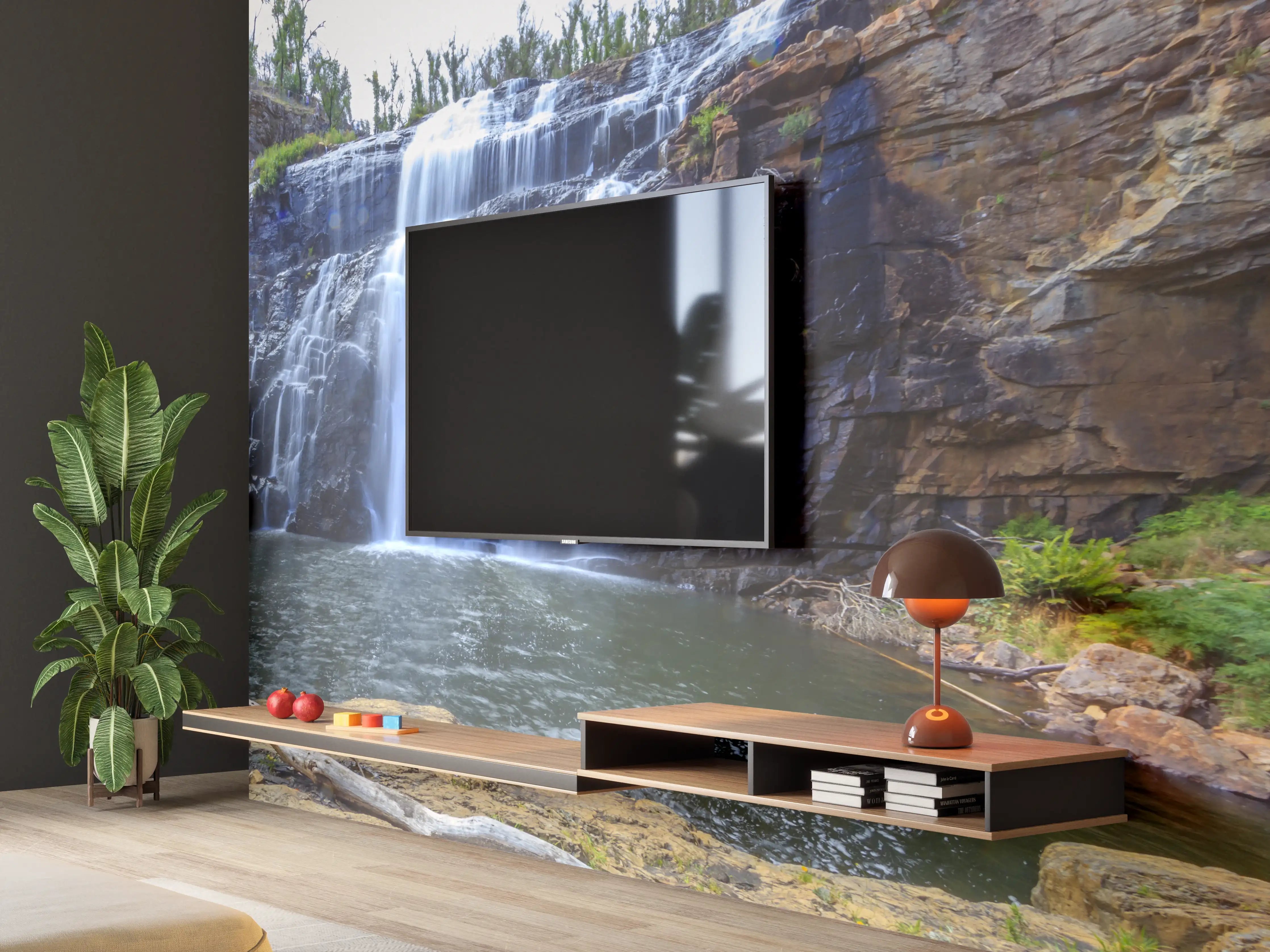 Wandverkleidung Wohnzimmer - Grauer Wasserfall im Grünen