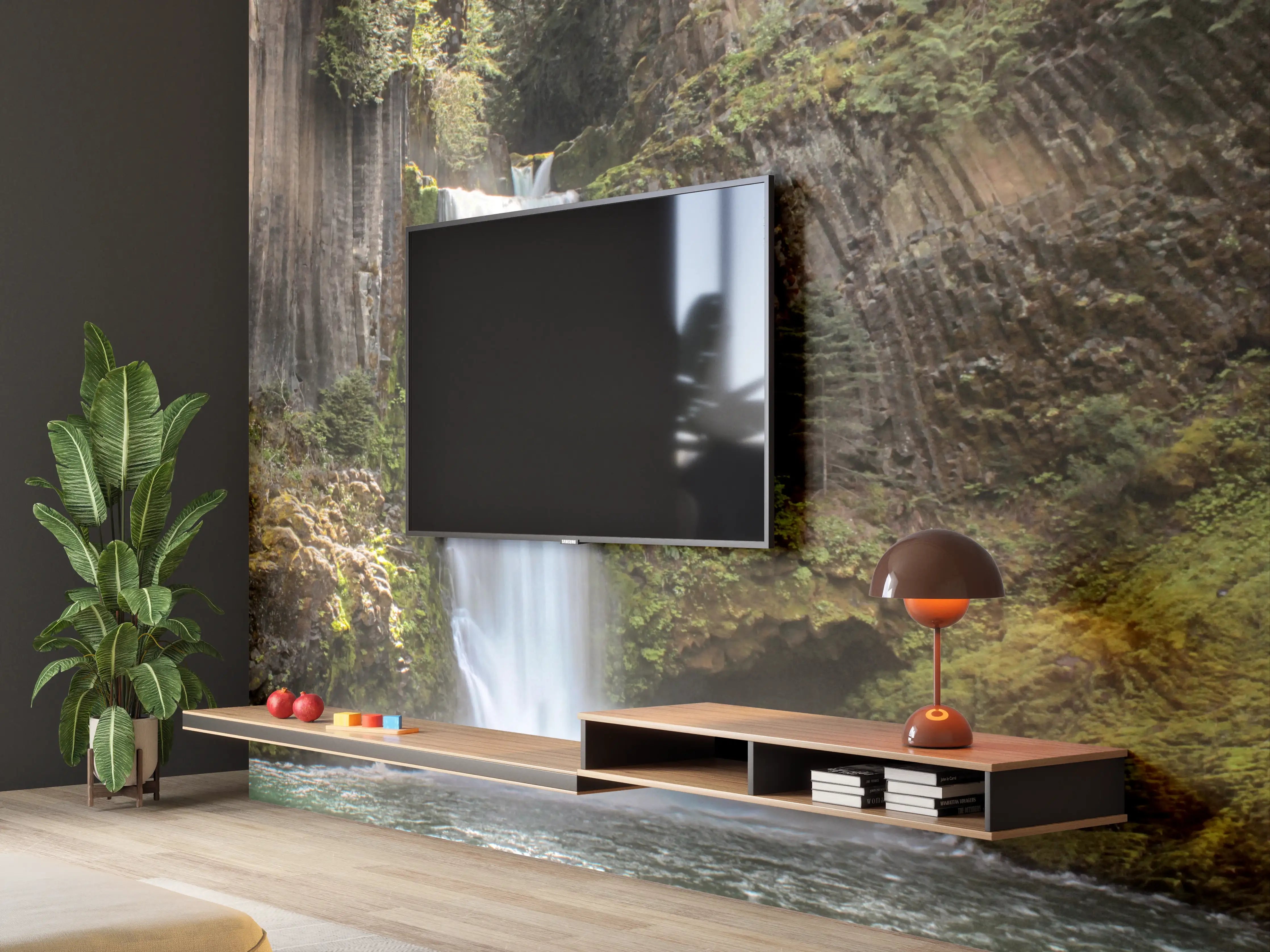 Wandverkleidung Wohnzimmer - Grauer Wasserfall im Licht der Natur