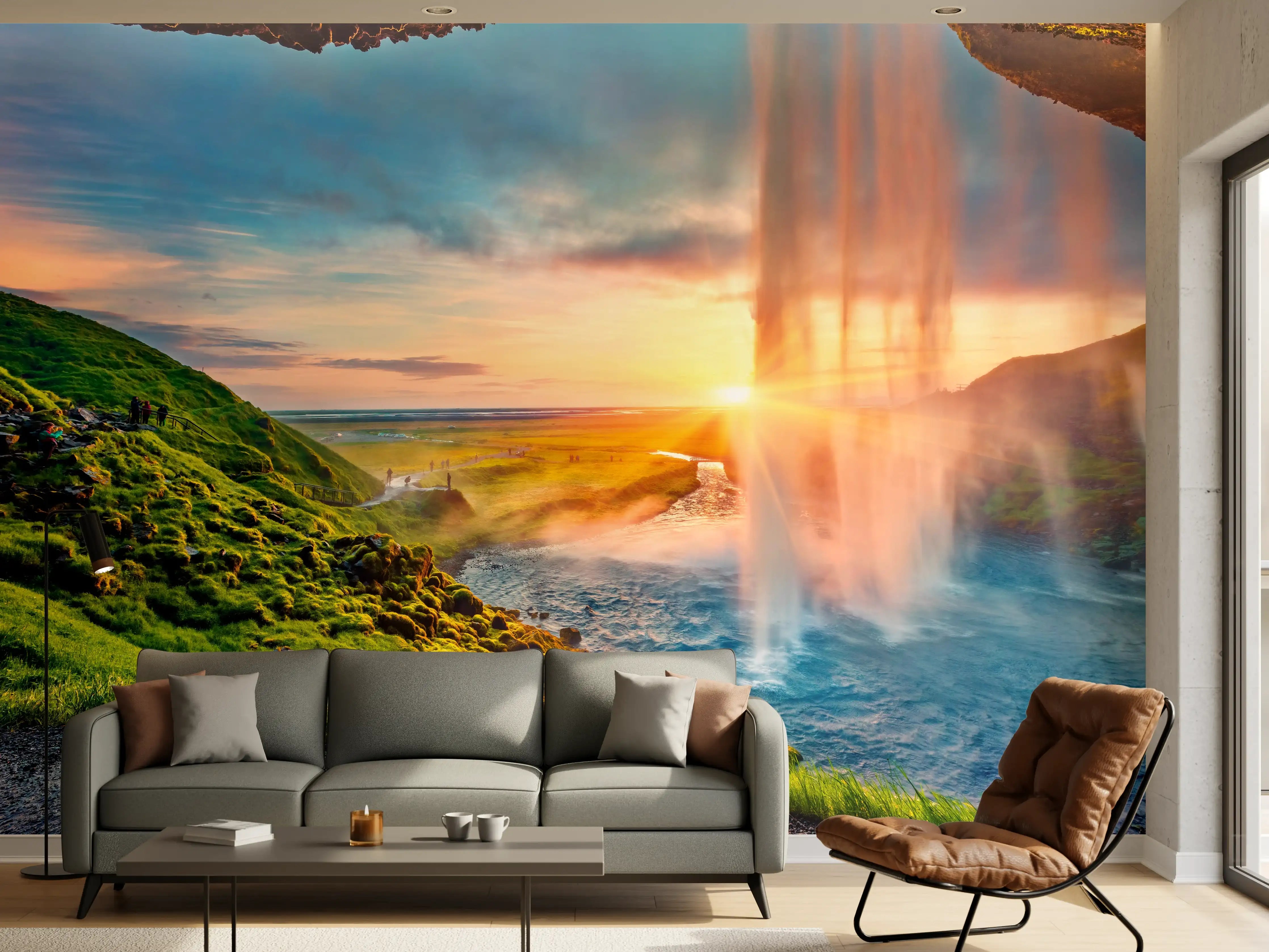 Wandverkleidung Wohnzimmer - Grauer Wasserfall im Sonnenlicht