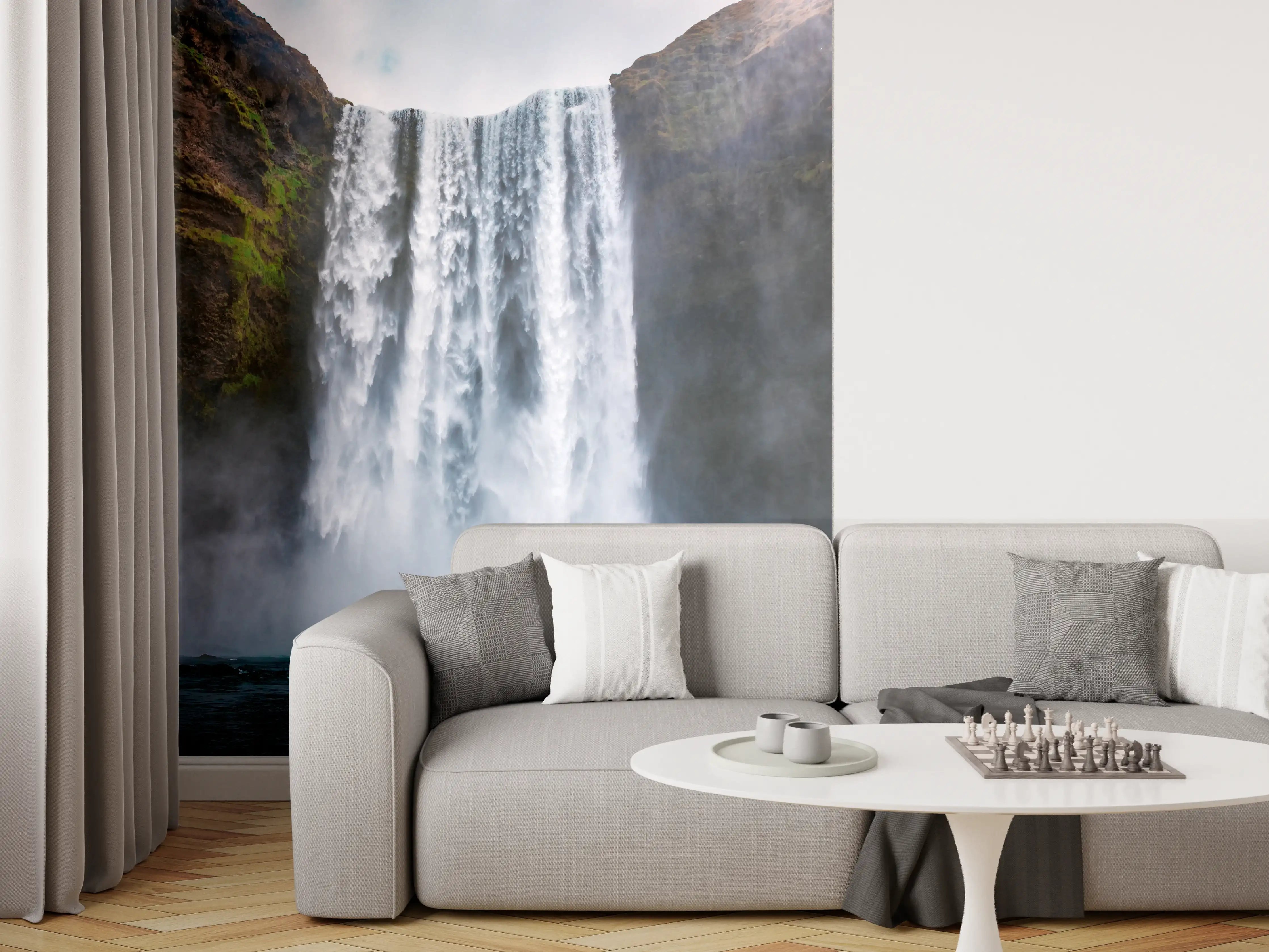 Wandverkleidung Wohnzimmer - Grauer Wasserfall im sanften Licht