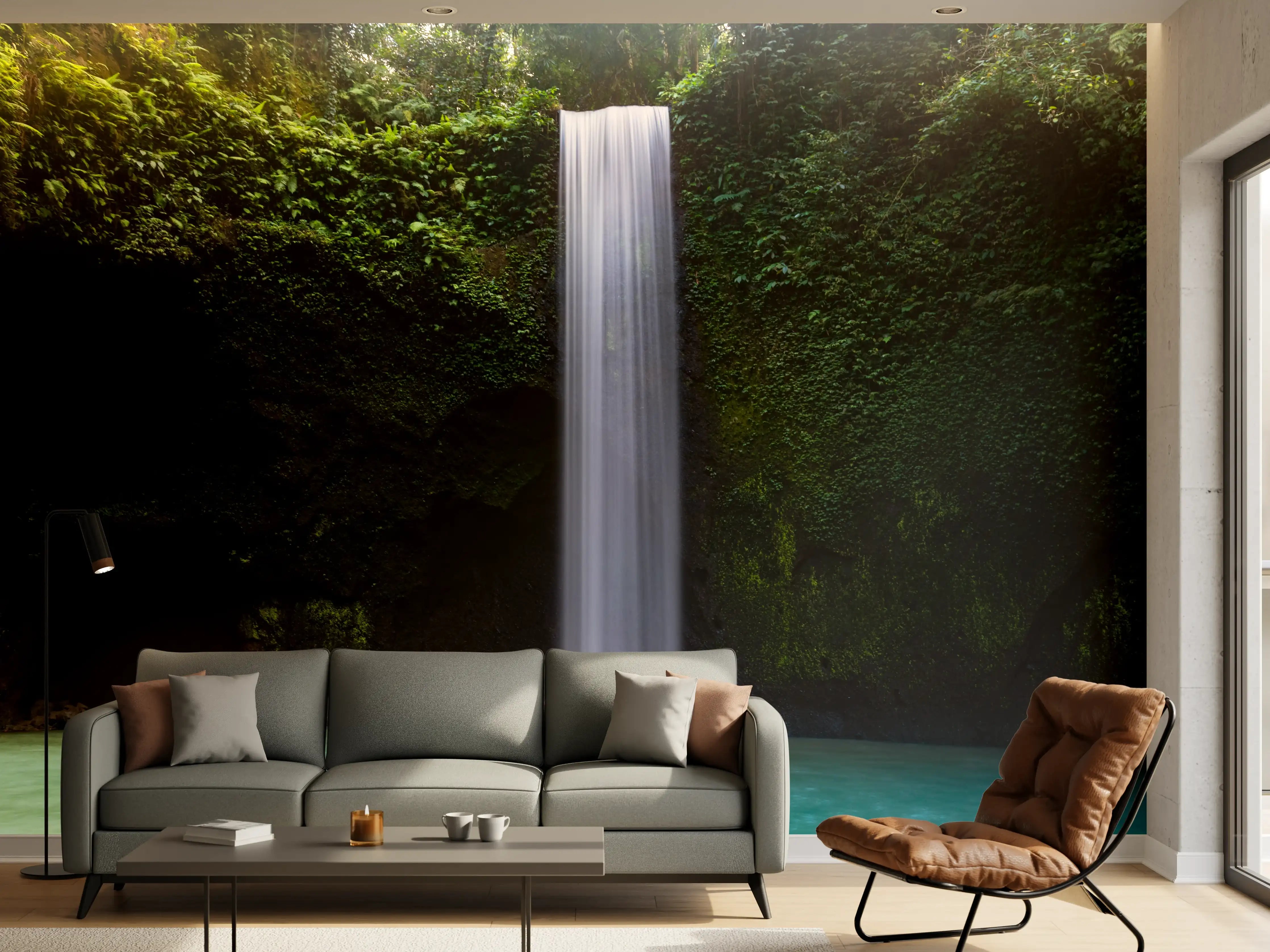 Wandverkleidung Wohnzimmer - Grauer Wasserfall im weißen Naturwahn