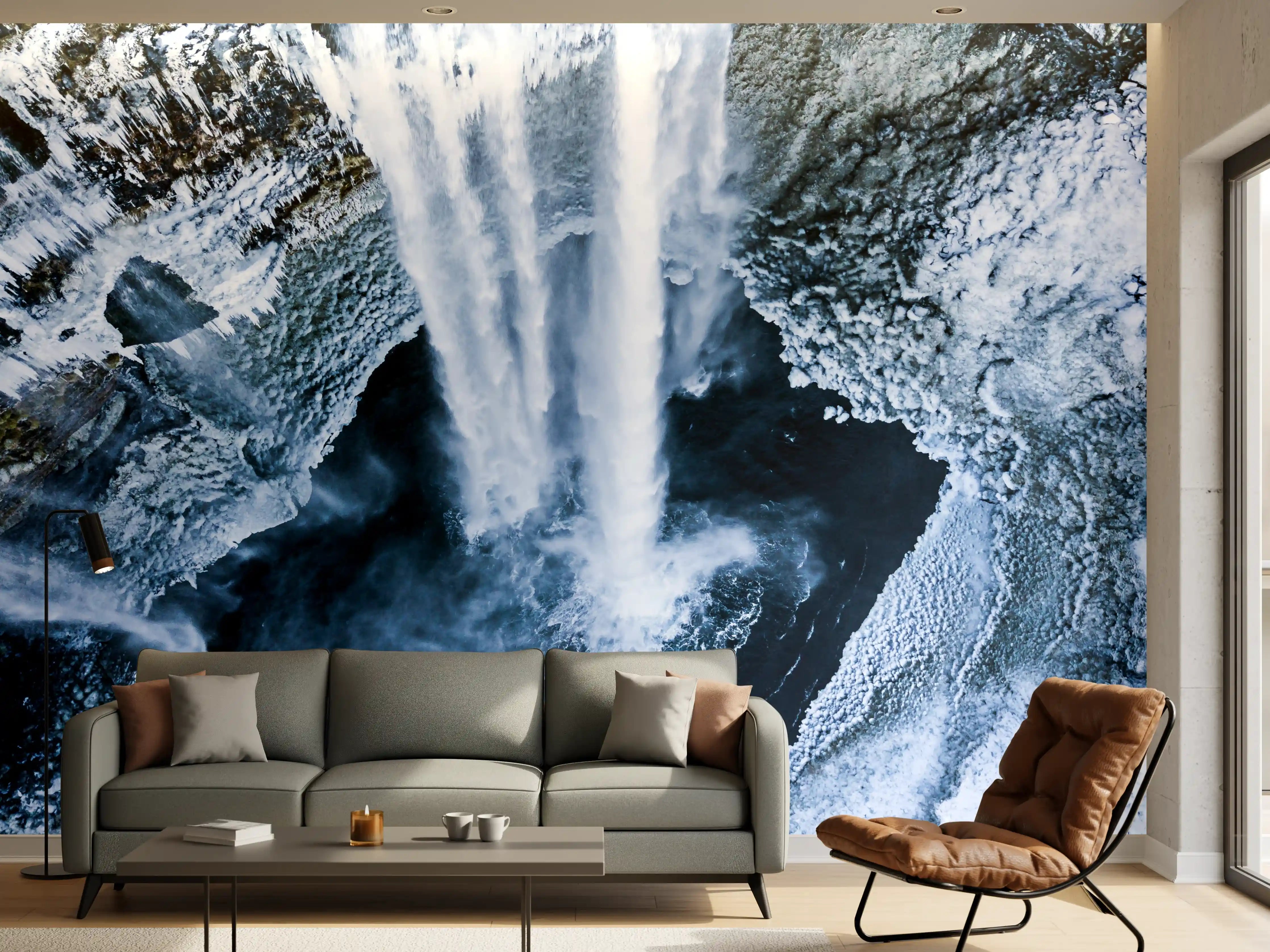 Wandverkleidung Wohnzimmer - Grauer Wasserfall im weißen Panorama