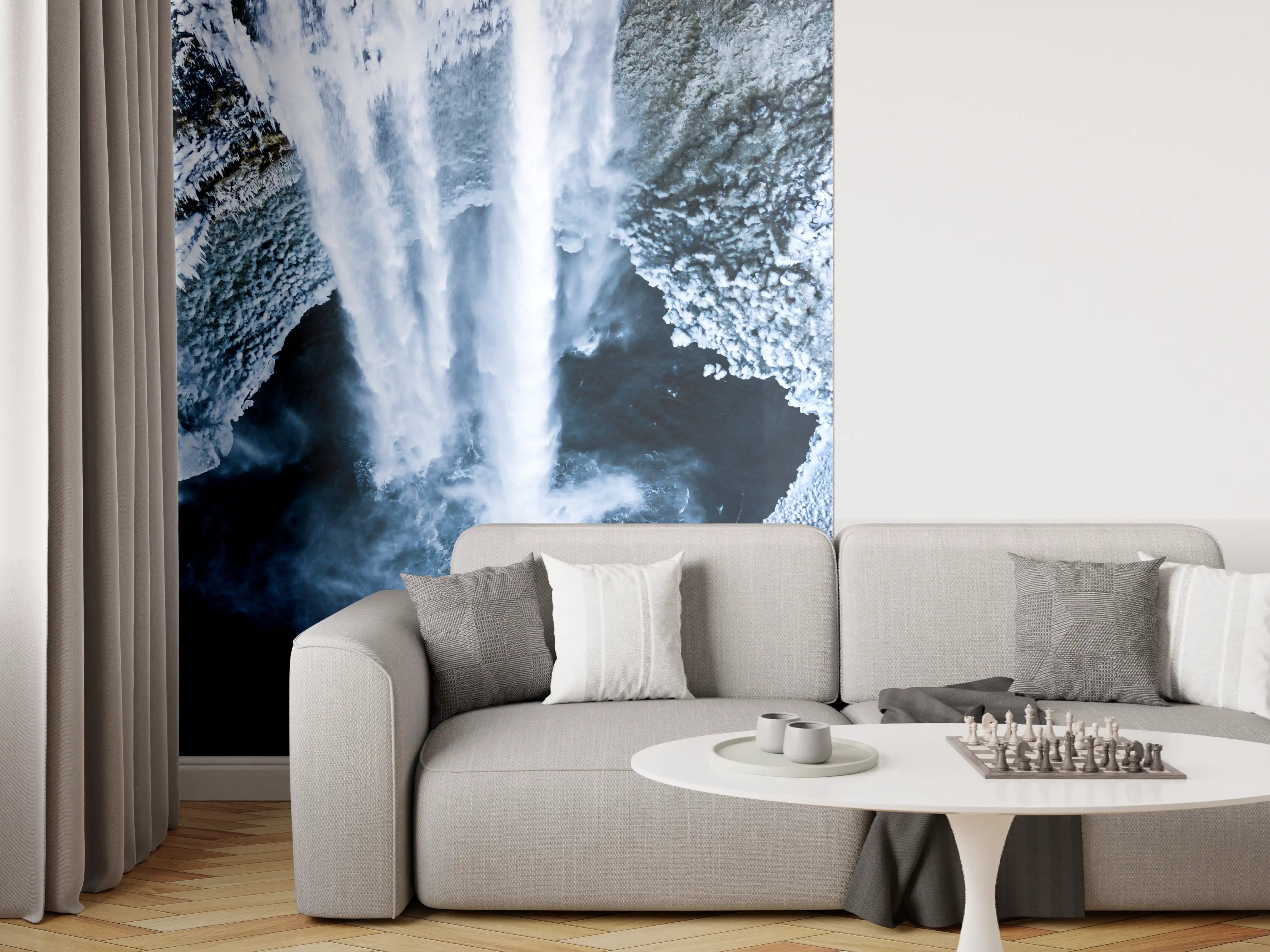 Wandverkleidung Wohnzimmer - Grauer Wasserfall im weißen Panorama