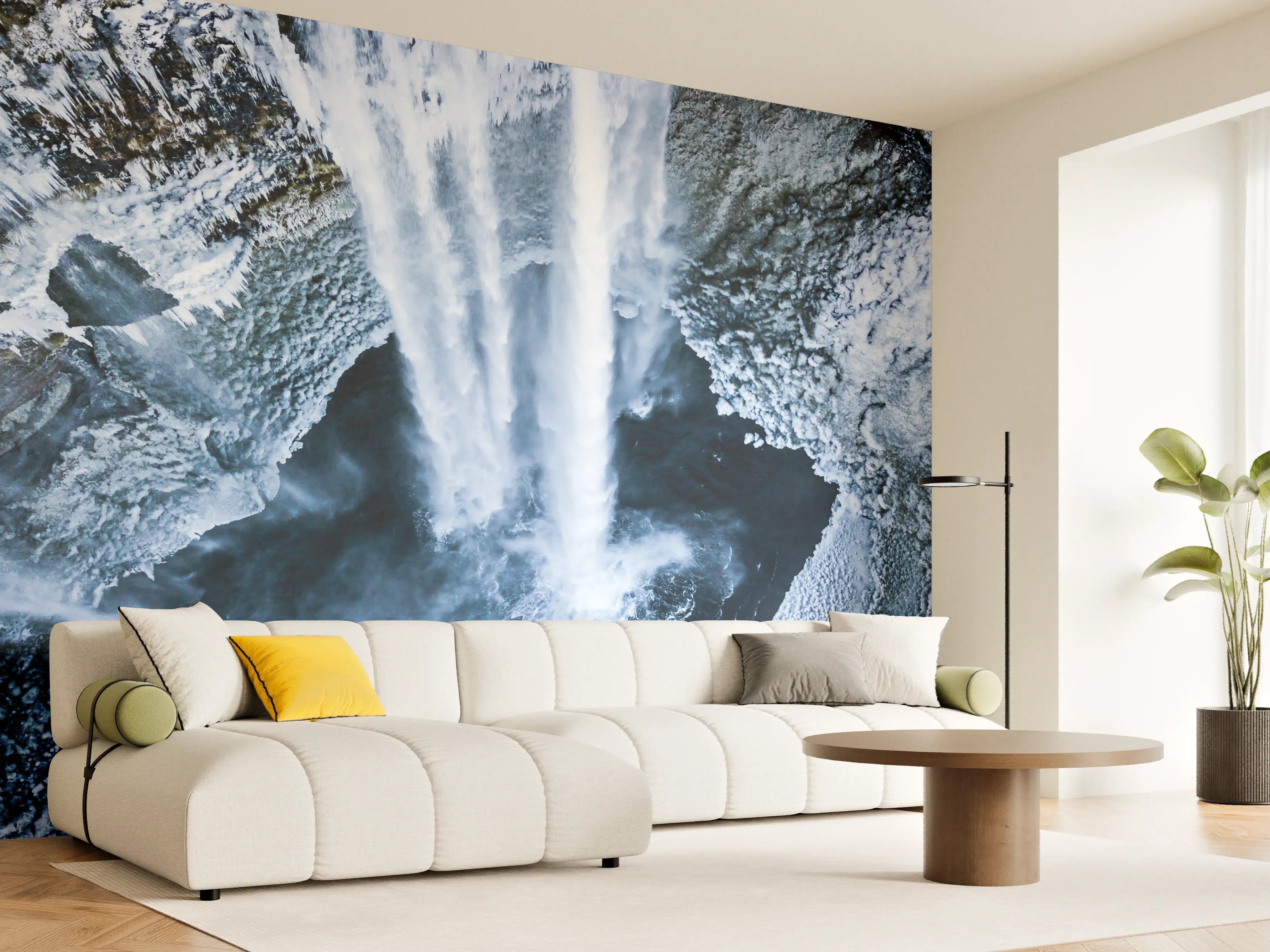 Wandverkleidung Wohnzimmer - Grauer Wasserfall im weißen Panorama