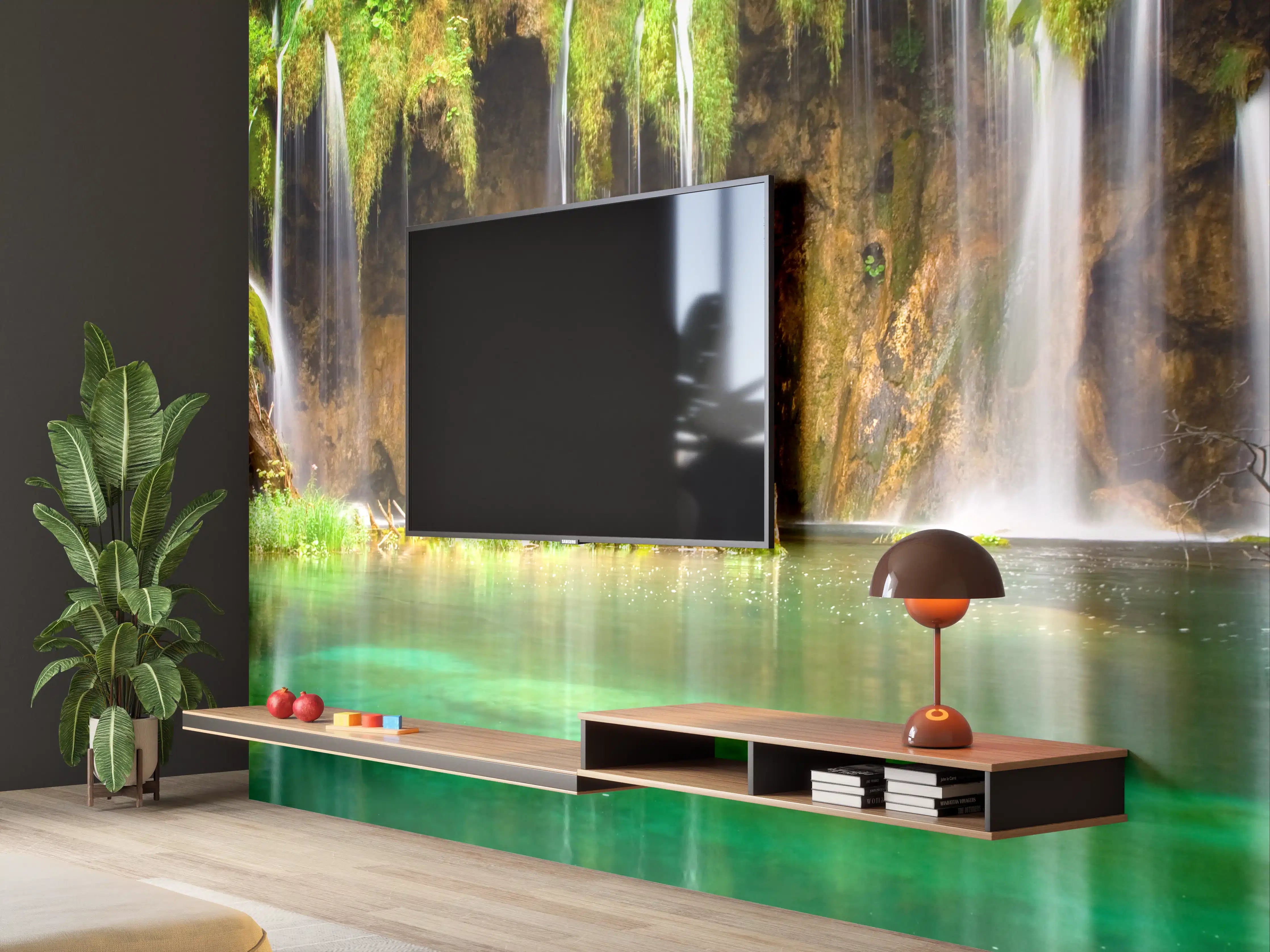 Wandverkleidung Wohnzimmer - Grauer Wasserfall in grüner Natur