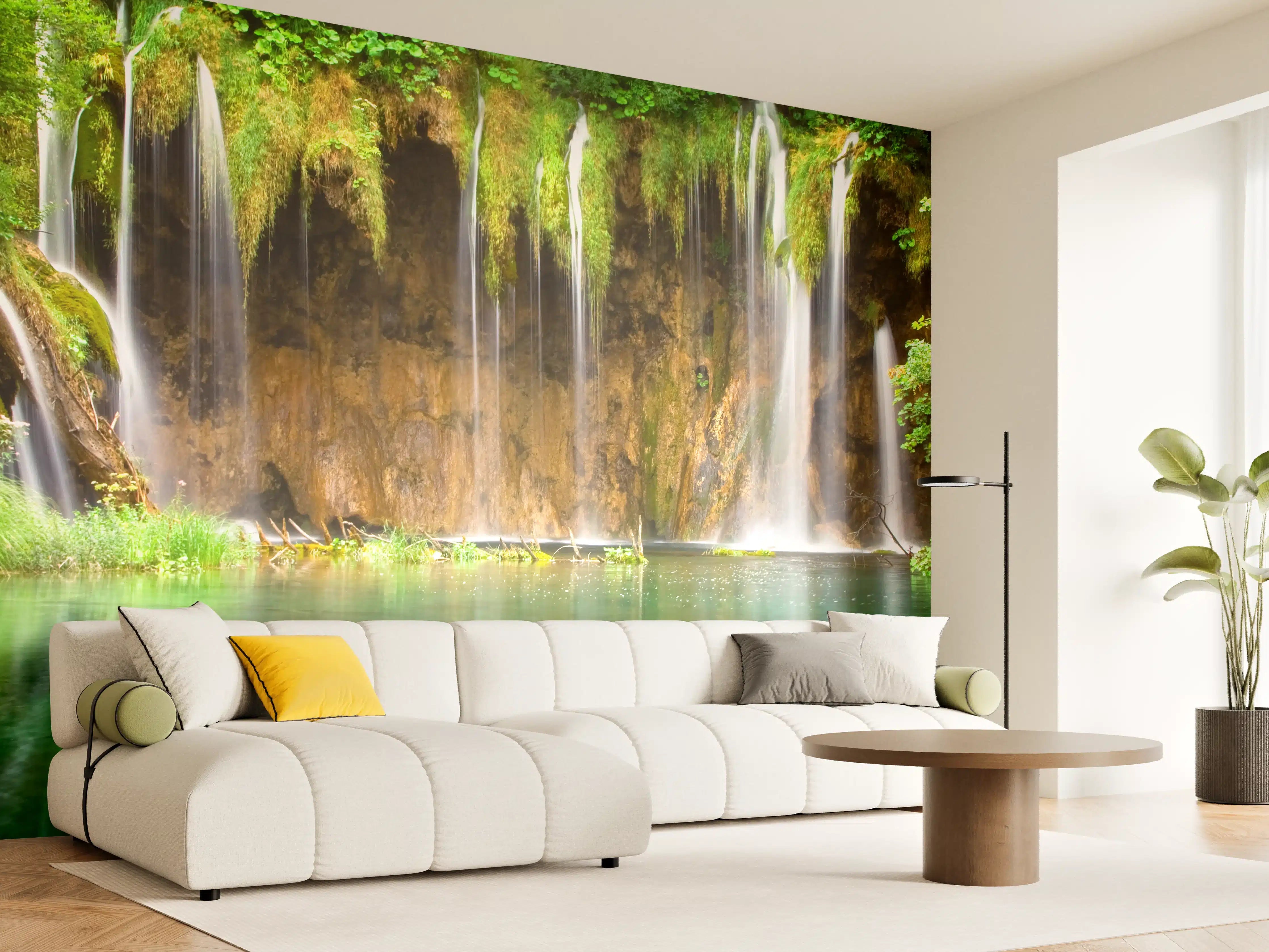 Wandverkleidung Wohnzimmer - Grauer Wasserfall in grüner Natur