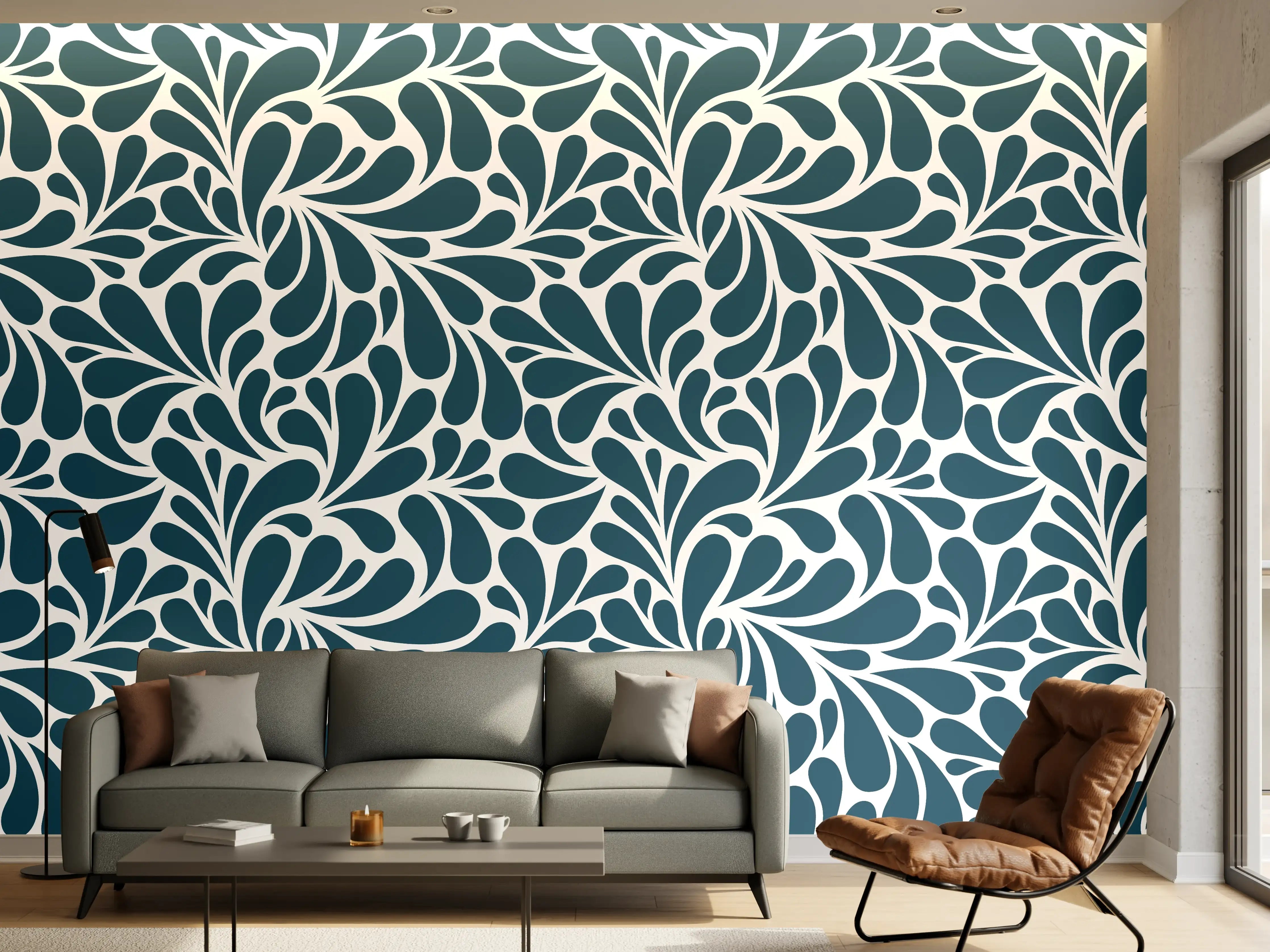 Wandverkleidung Wohnzimmer - Graues Blättermuster in Blau und Weiß