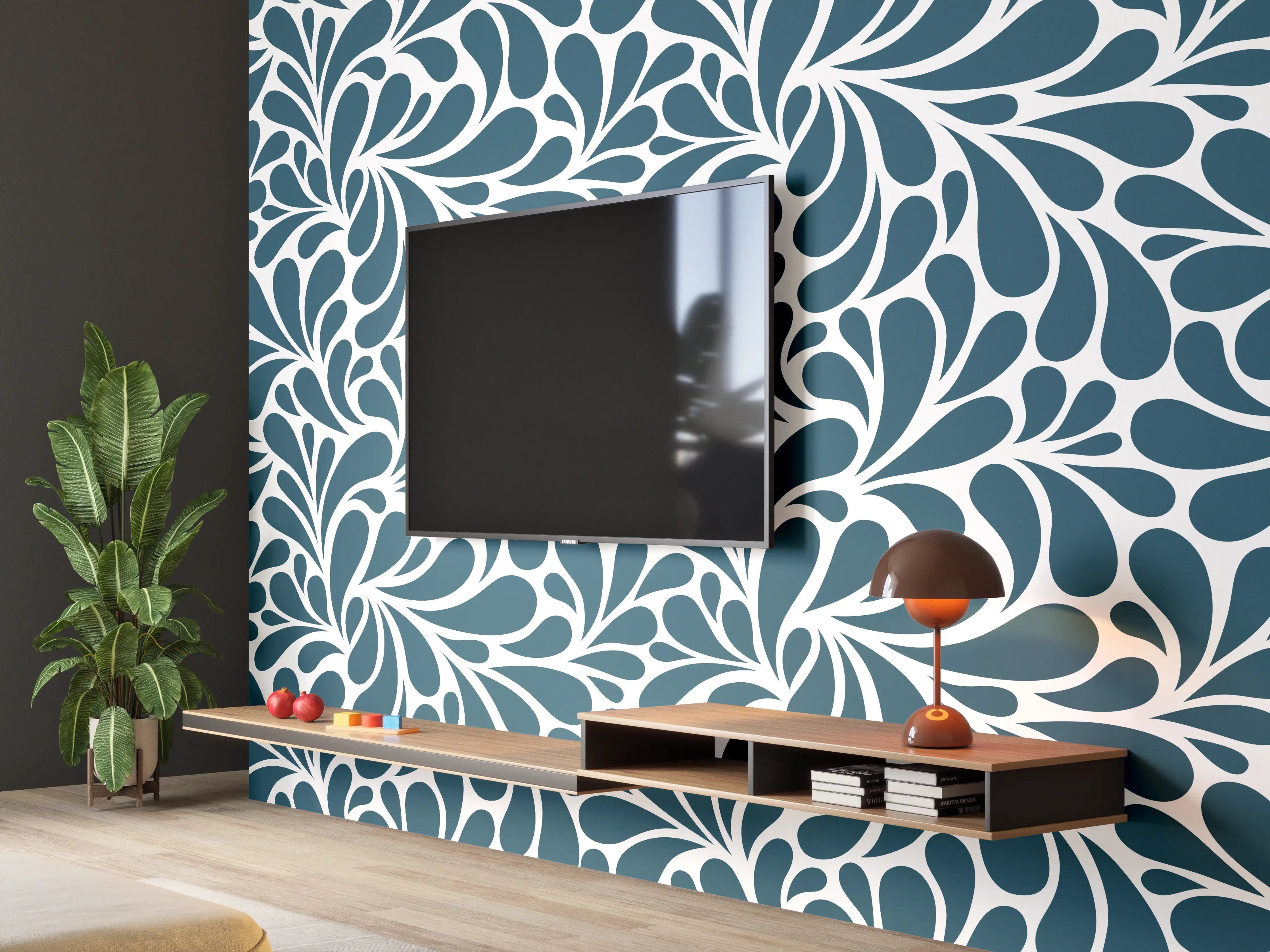 Wandverkleidung Wohnzimmer - Graues Blättermuster in Blau und Weiß