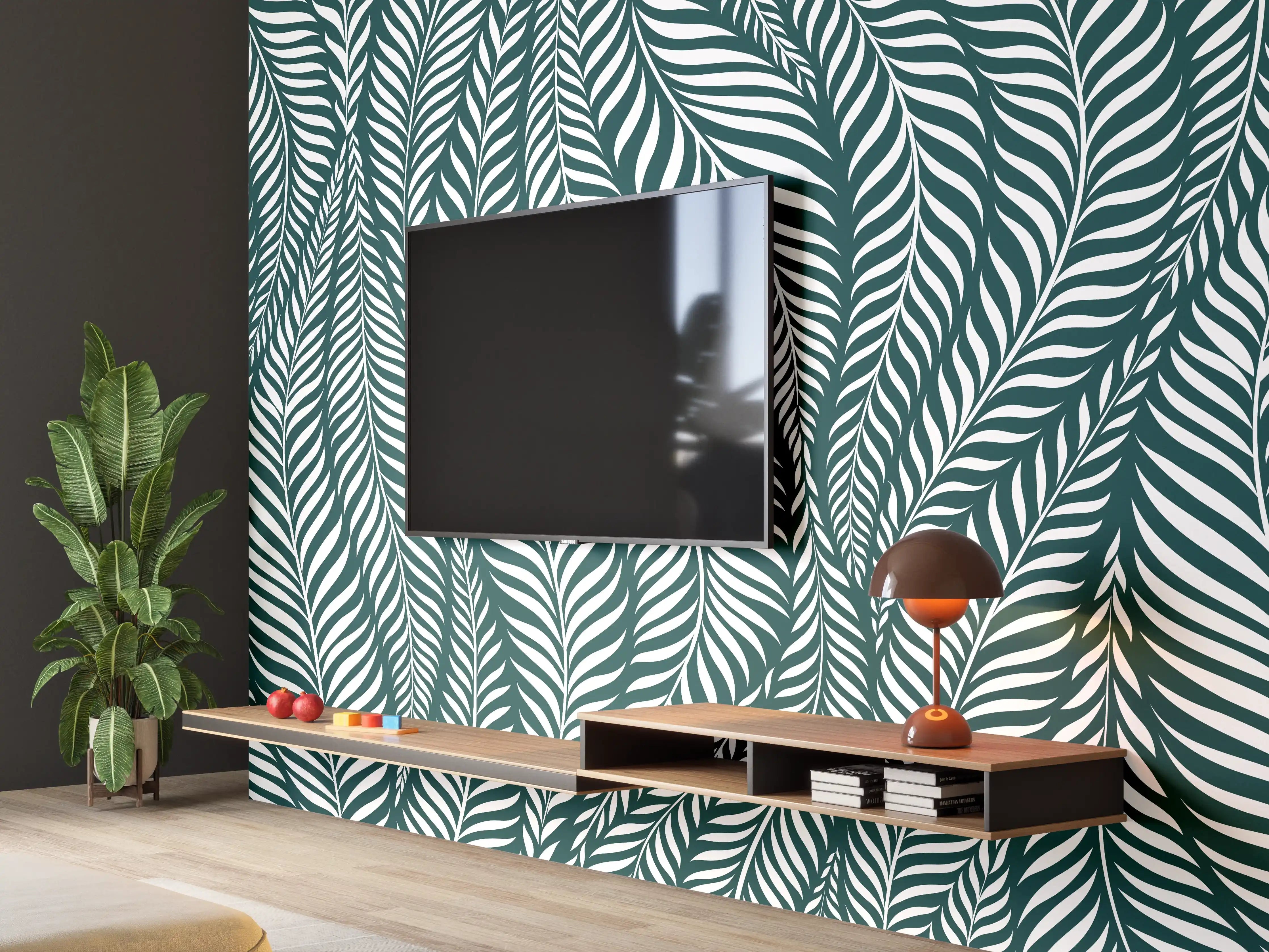 Wandverkleidung Wohnzimmer - Graues Blattmuster auf Weiß