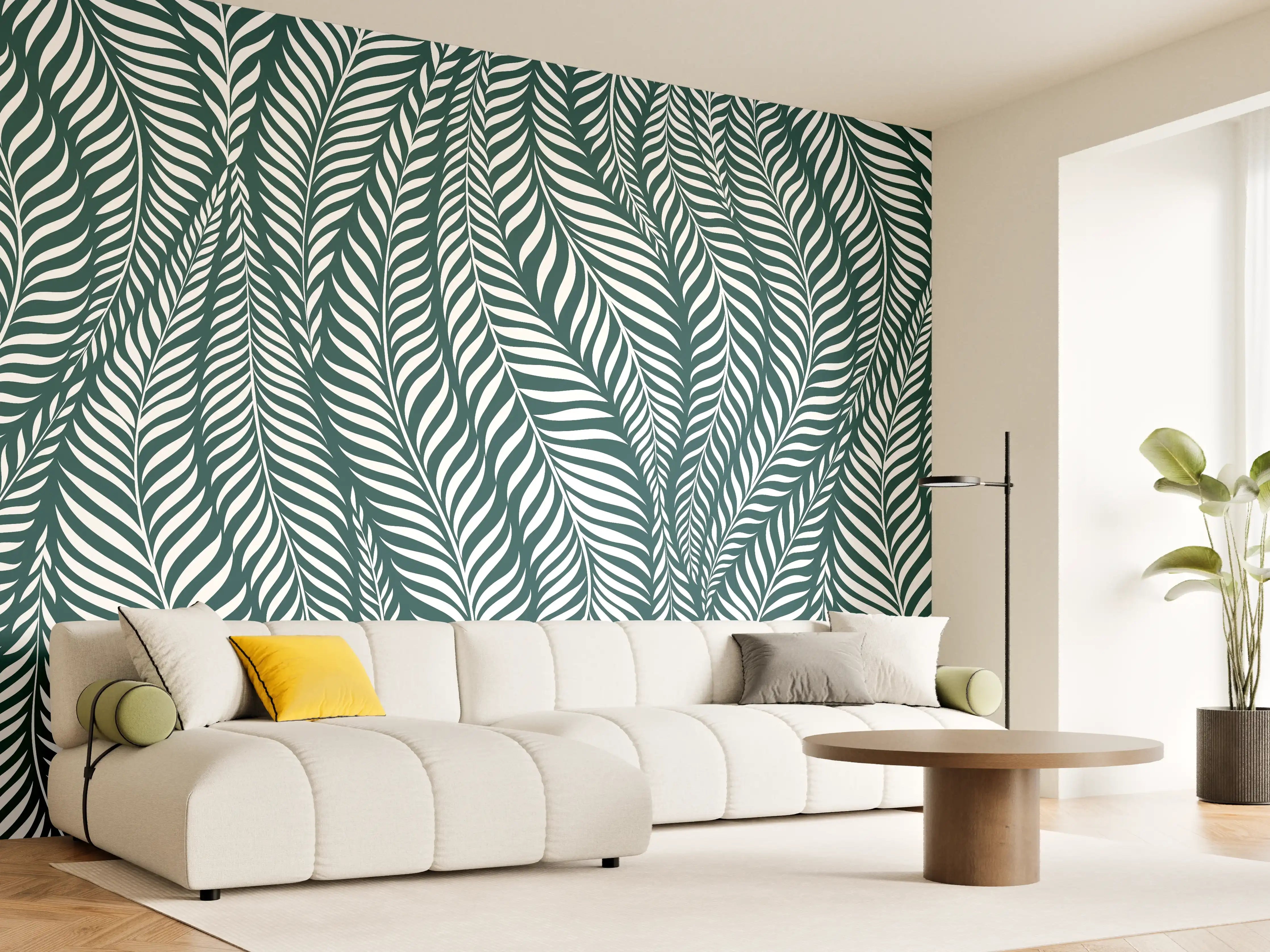 Wandverkleidung Wohnzimmer - Graues Blattmuster auf Weiß