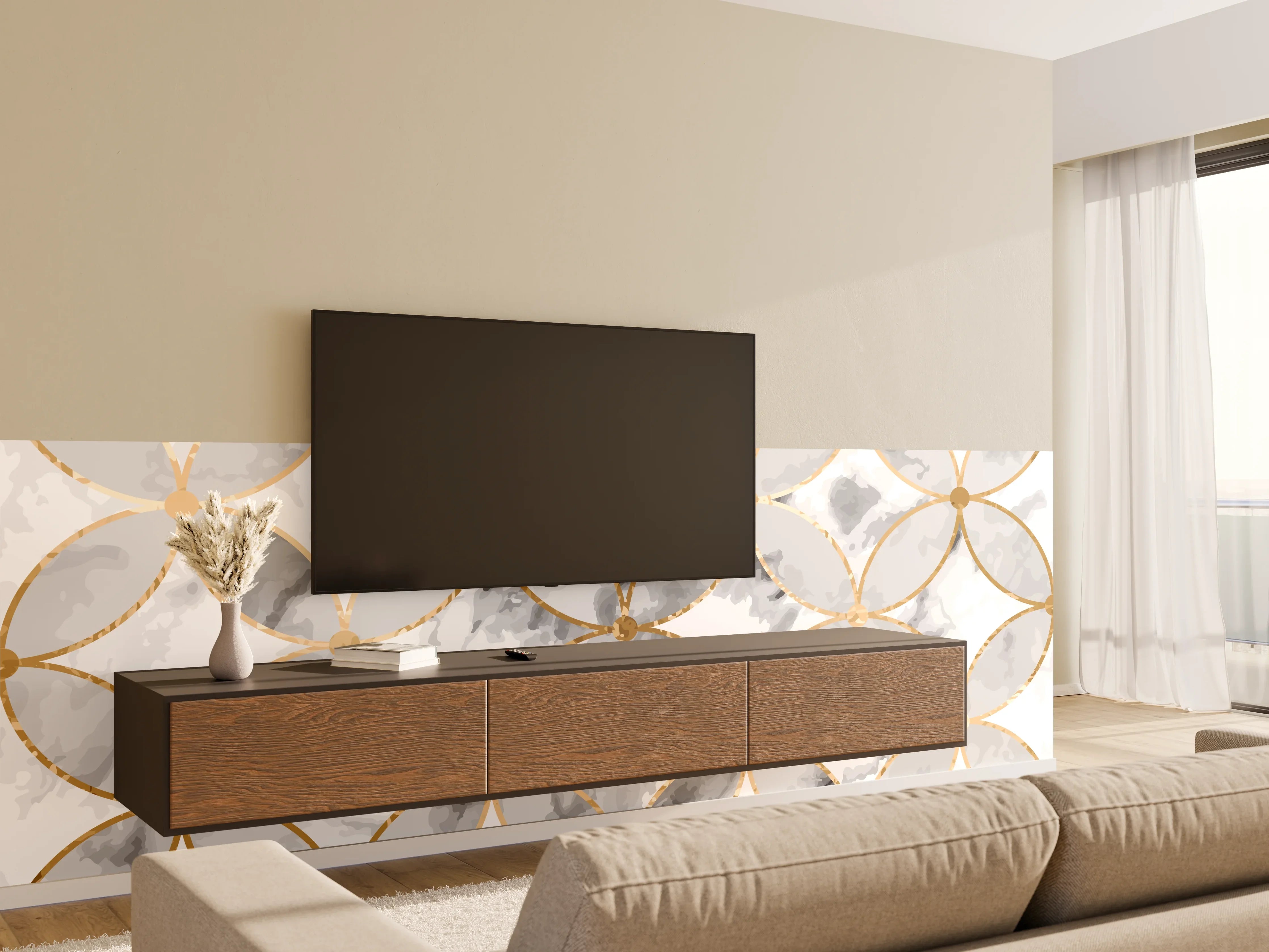 Wandverkleidung Wohnzimmer - Graues Marmor-Design mit Goldakzenten