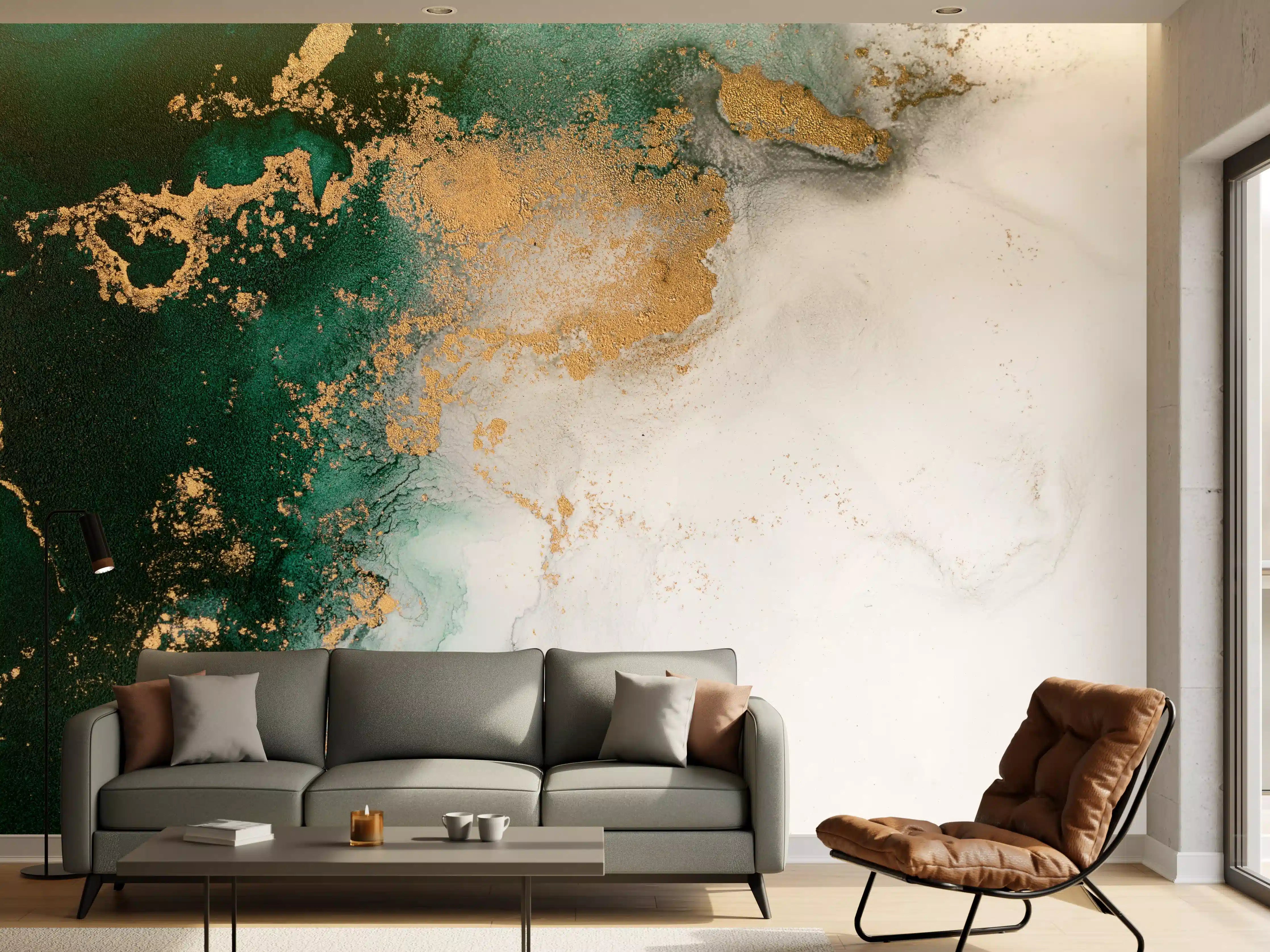 Wandverkleidung Wohnzimmer - Graues Marmor-Design mit goldenen Akzenten