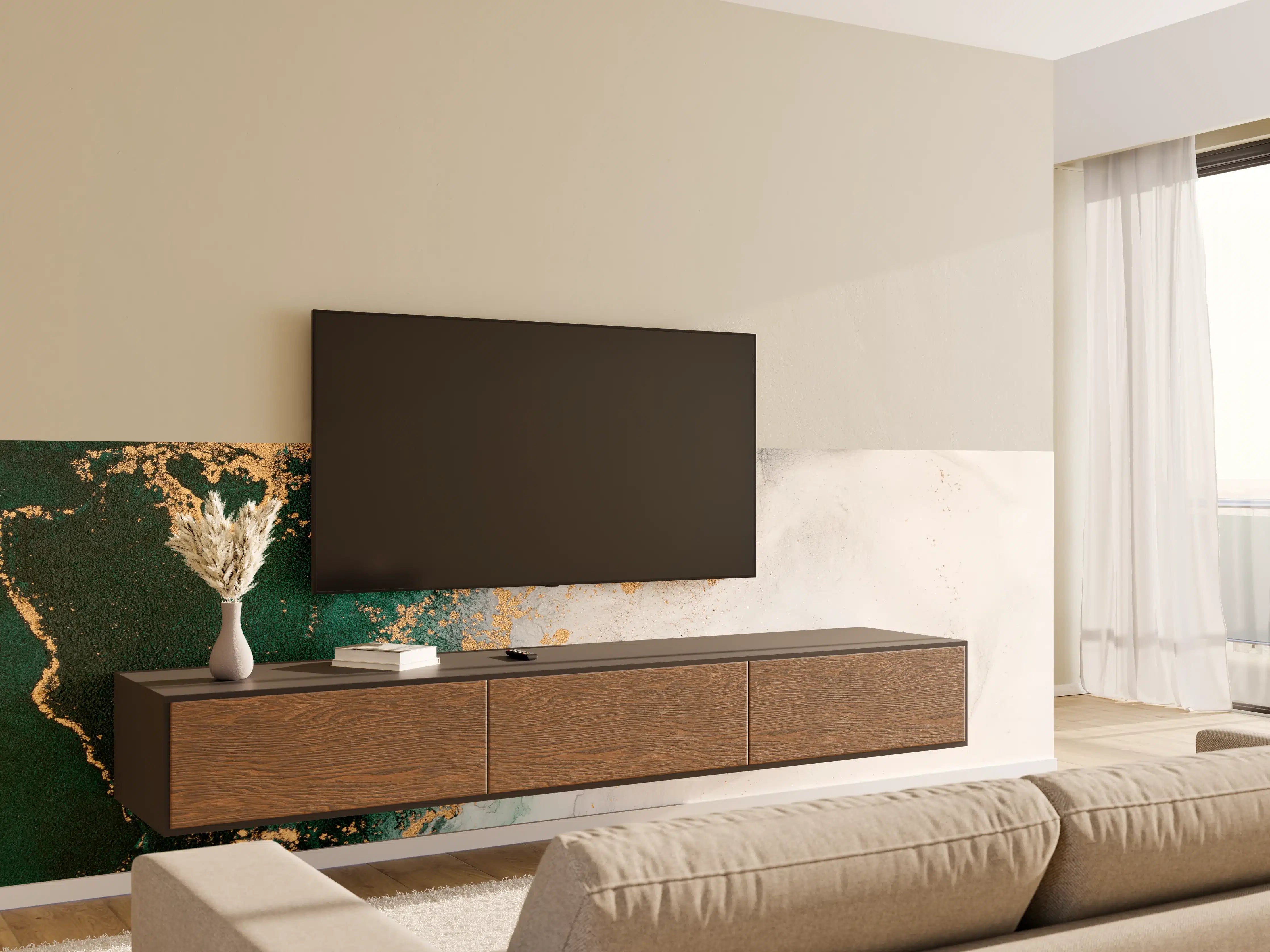 Wandverkleidung Wohnzimmer - Graues Marmor-Design mit goldenen Akzenten