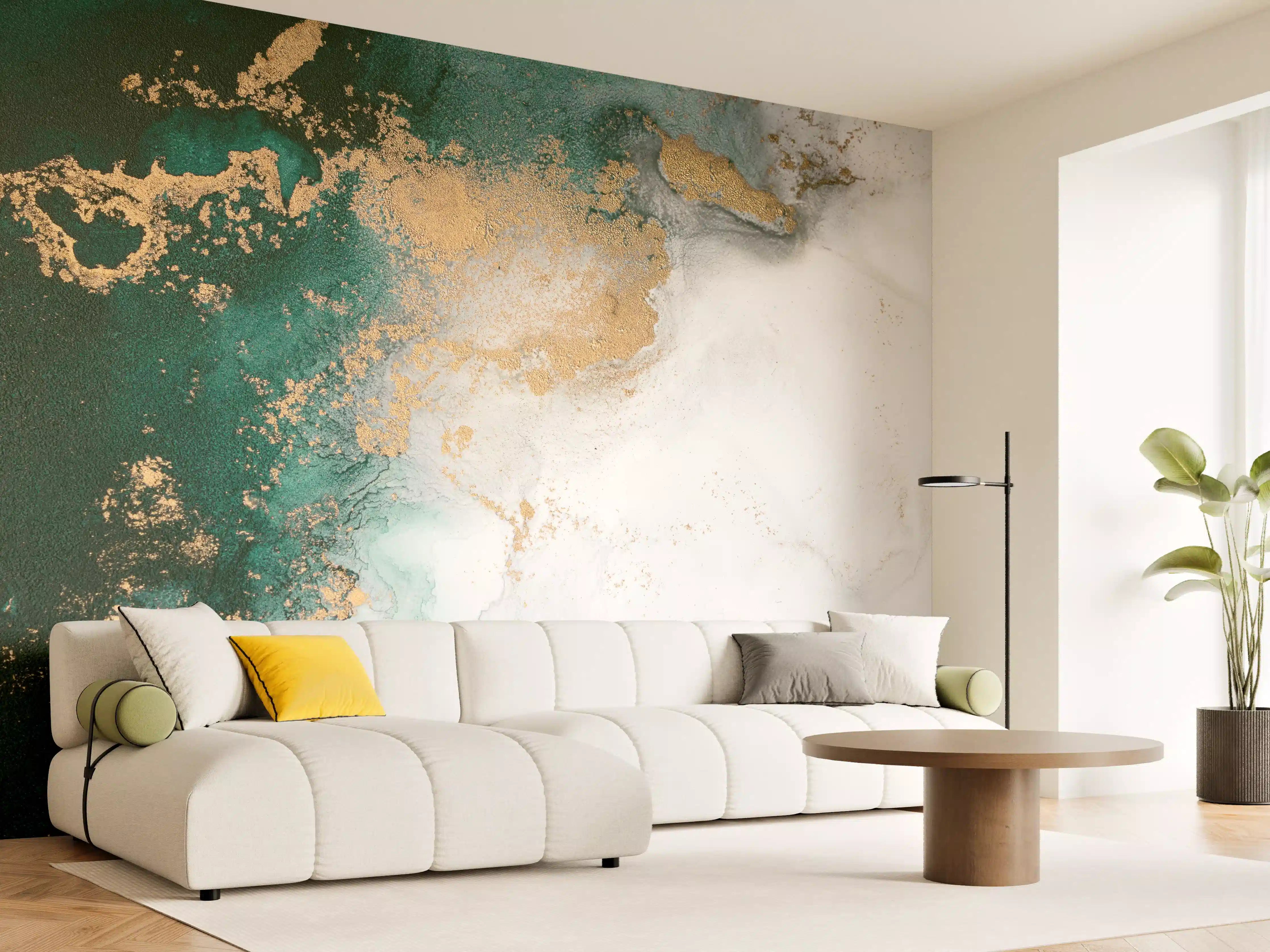 Wandverkleidung Wohnzimmer - Graues Marmor-Design mit goldenen Akzenten