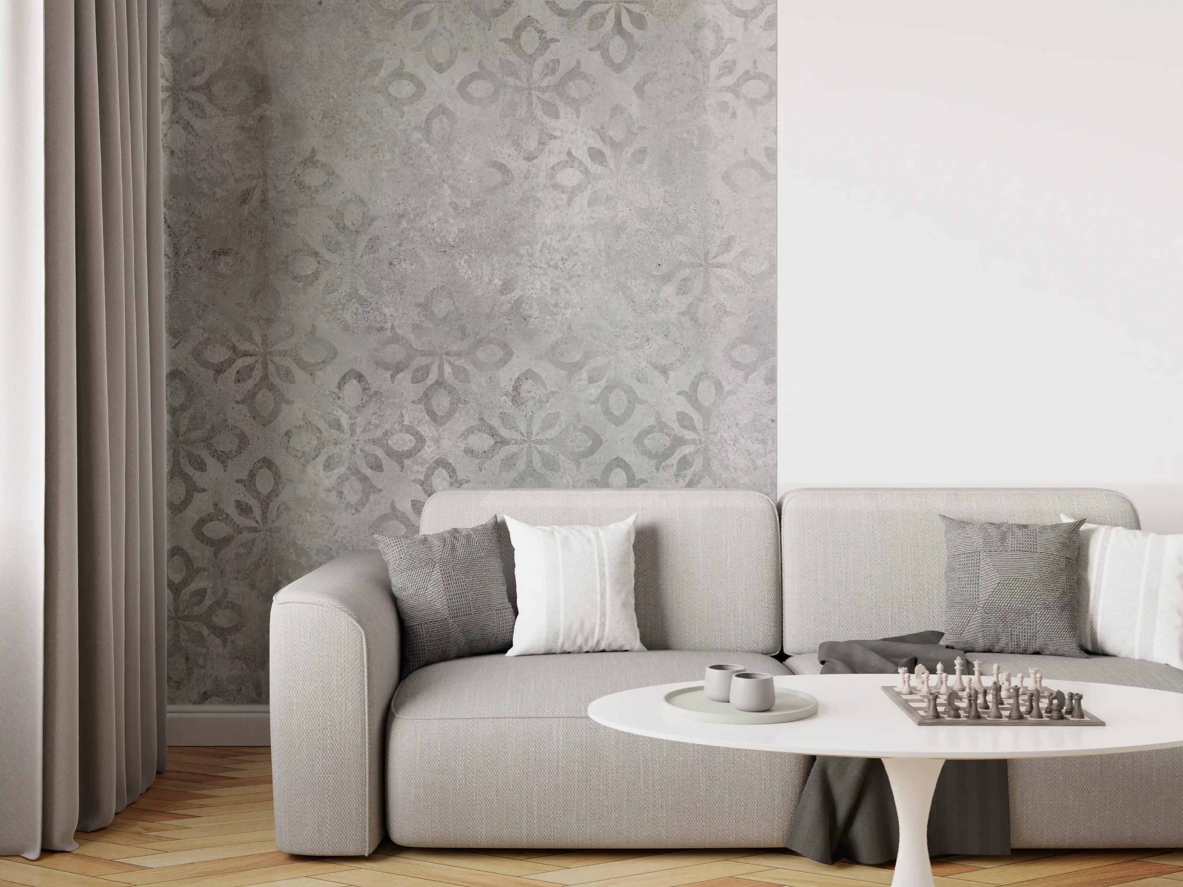Wandverkleidung Wohnzimmer - Graues Ornament Muster