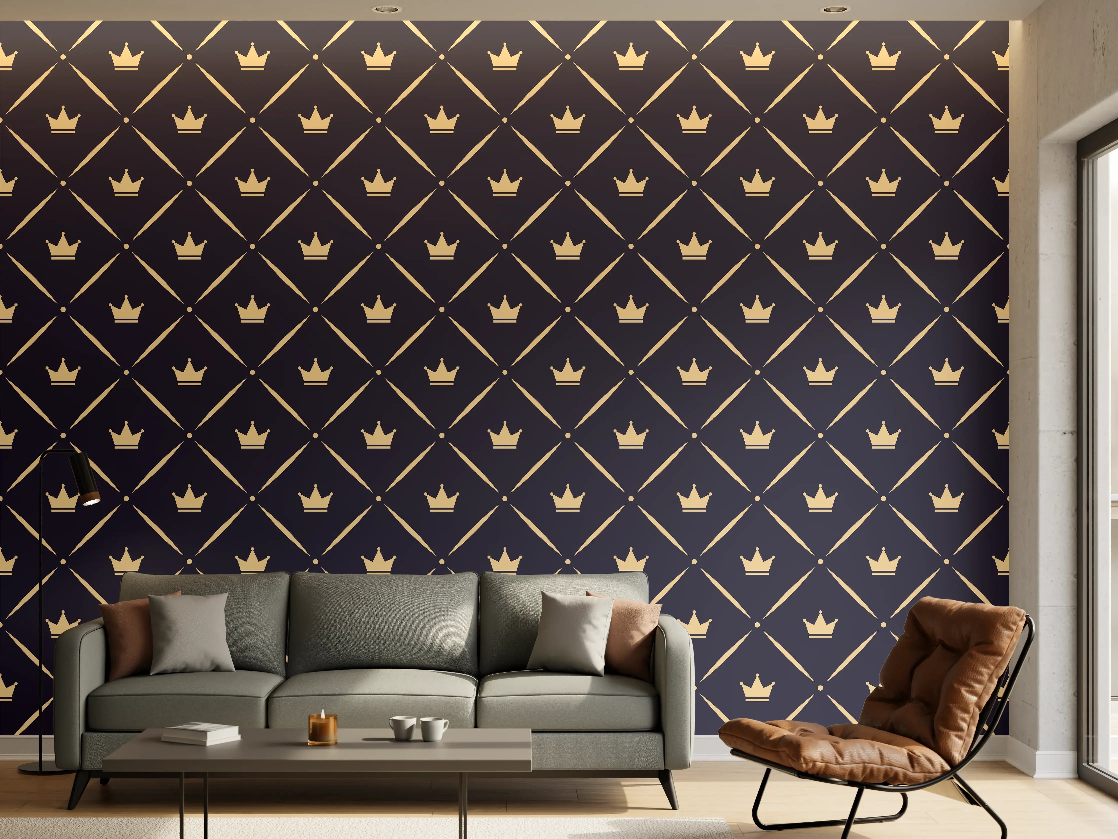 Wandverkleidung Wohnzimmer - Graues Ornament mit Goldakzenten