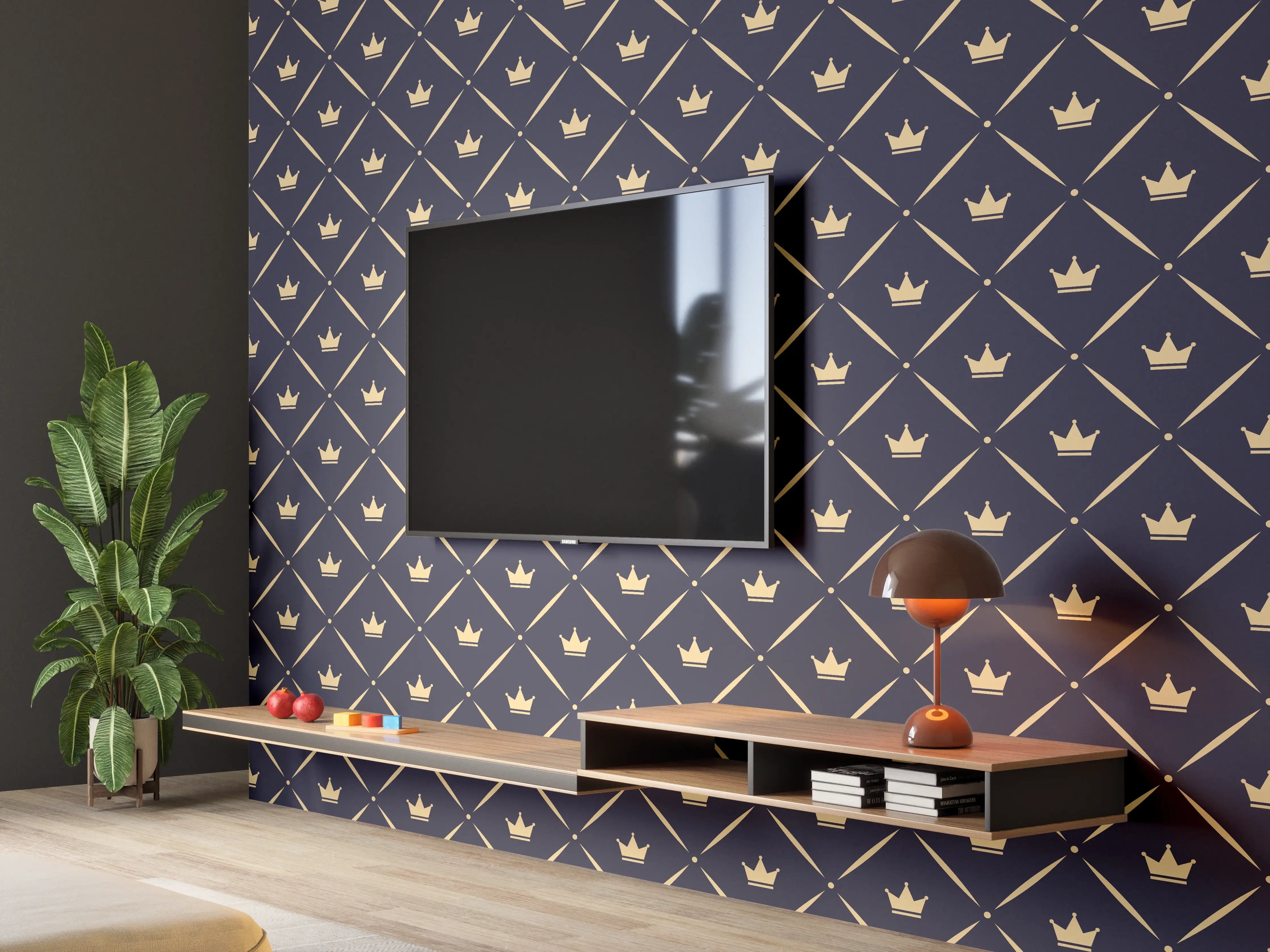 Wandverkleidung Wohnzimmer - Graues Ornament mit Goldakzenten