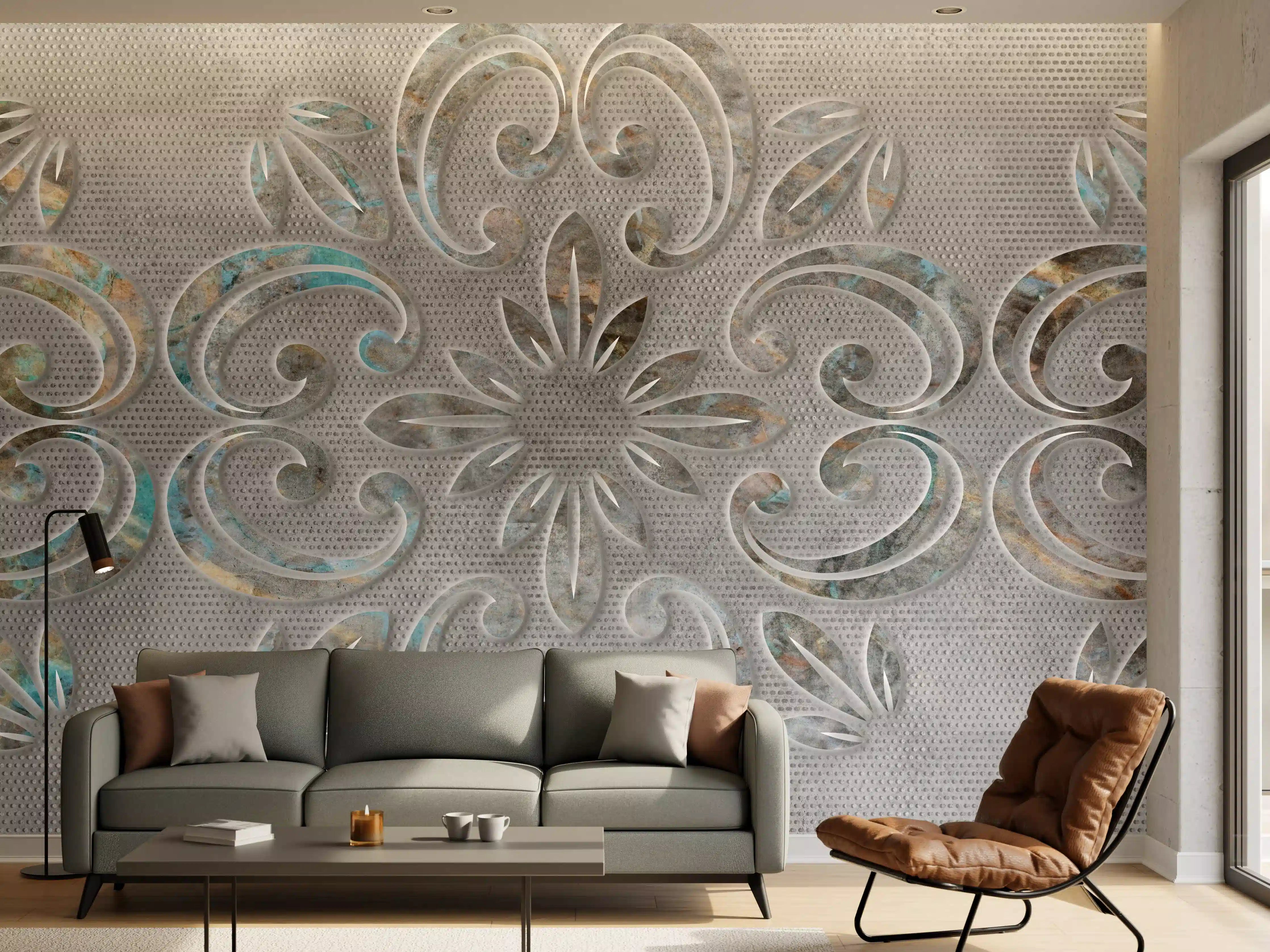 Wandverkleidung Wohnzimmer - Graues Ornamentmuster - Zementwandtextur